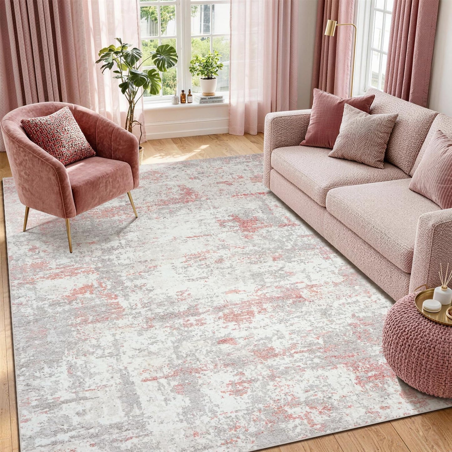 5x7 Washable Modern Abstract Area Rug, Soft Faux Cashmere Low Pile Non-Slip Non-Shedding Carpet for Living Room Bedroom Nursery Girls Room, Grey Pink