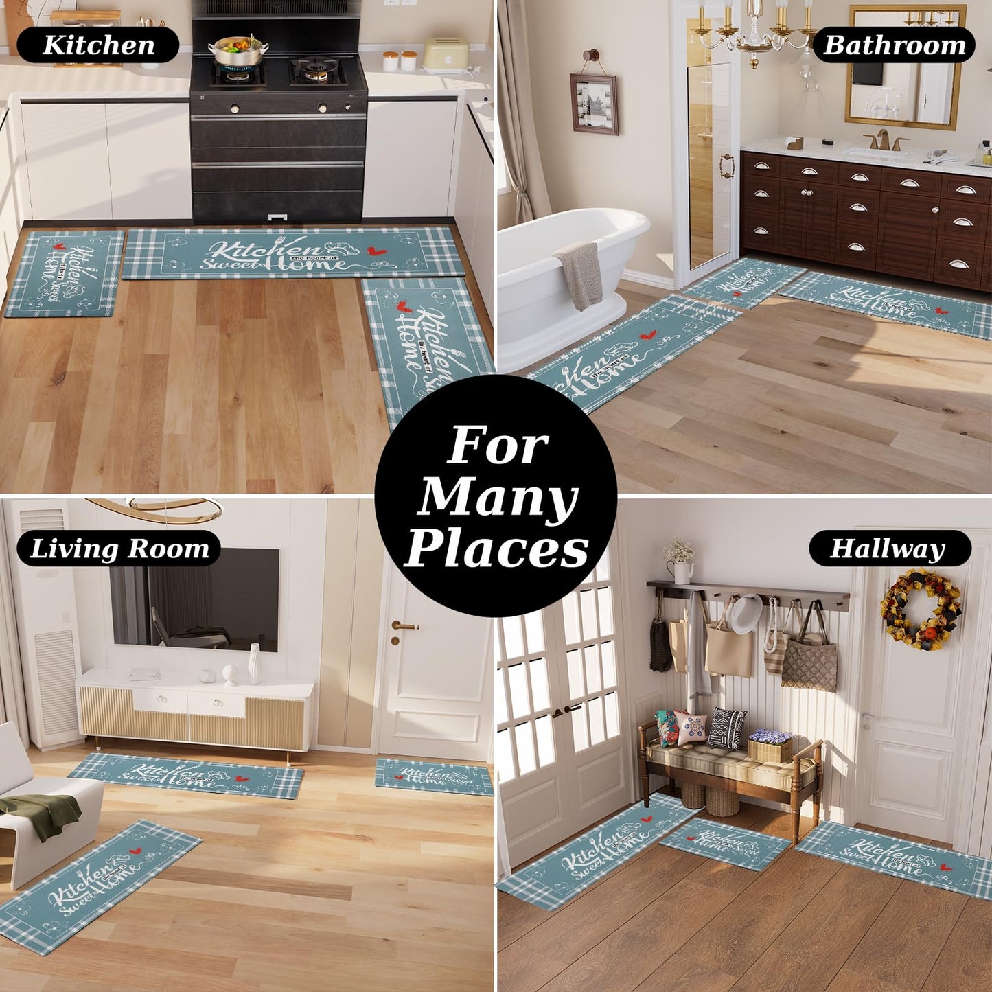 XLHOMO Kitchen Mats for Floor with Grid Design, Farmhouse 3 Piece Washable Absorbent Runner Rugs Non Slip Cushioned Kitchen Mat Comfort Rug Set for Kitchen, Floor, Office
