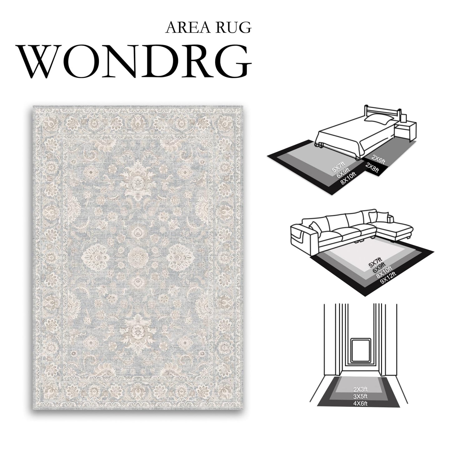 WondRg 8x10 Blue Cream Washable Area Rug for Living Room Bedroom Neutral Floral Soft Non Slip Rug Low Pile Distressed Carpet for Dining Room Nursery Office Indoor