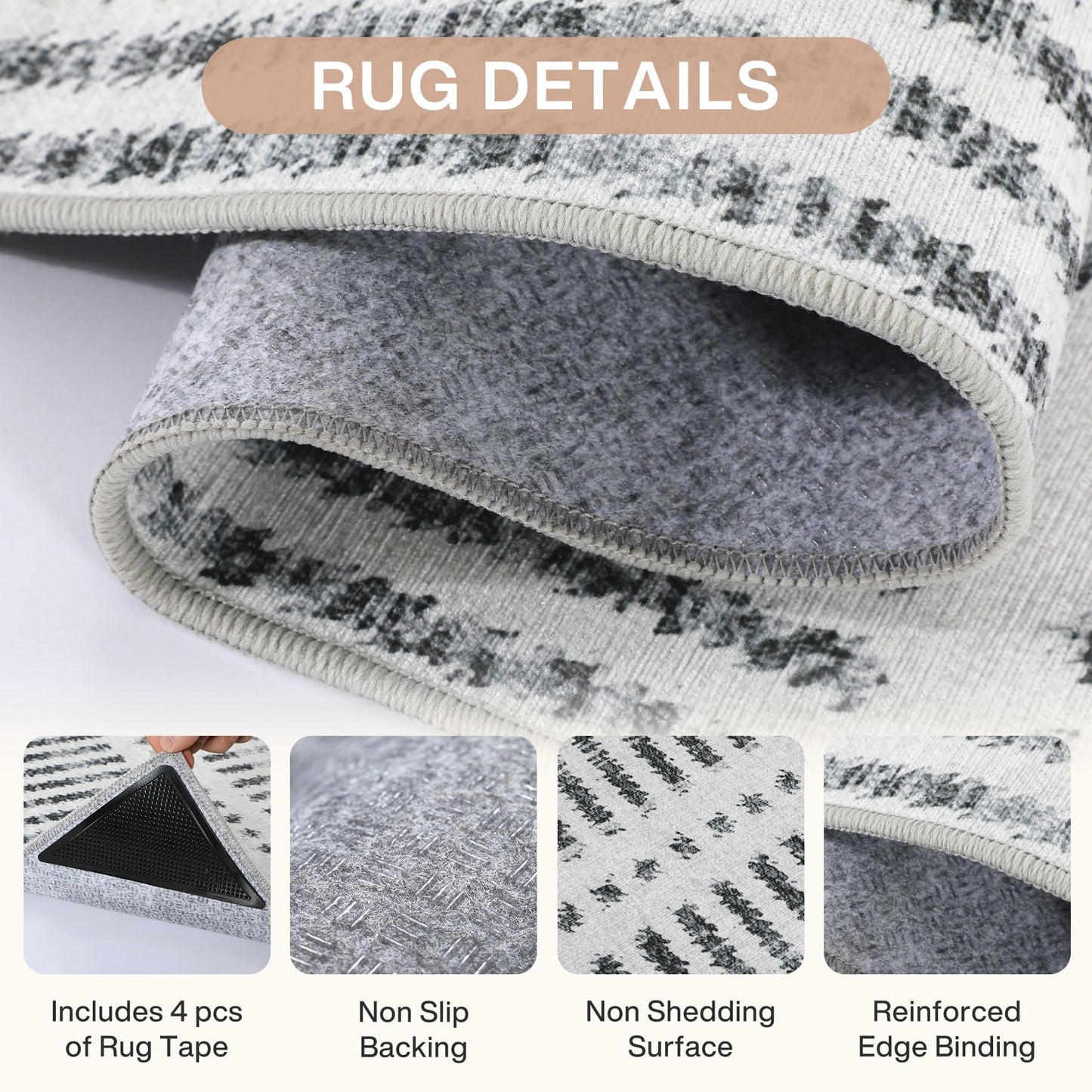 Tribesigns Ultra Thin 5x7 Washable Area Rugs for Living Room, Modern Non-Slip Rugs for Bedroom Dining Room, Grey Striped Farmhouse Large Indoor Carpet for Playroom Entryway