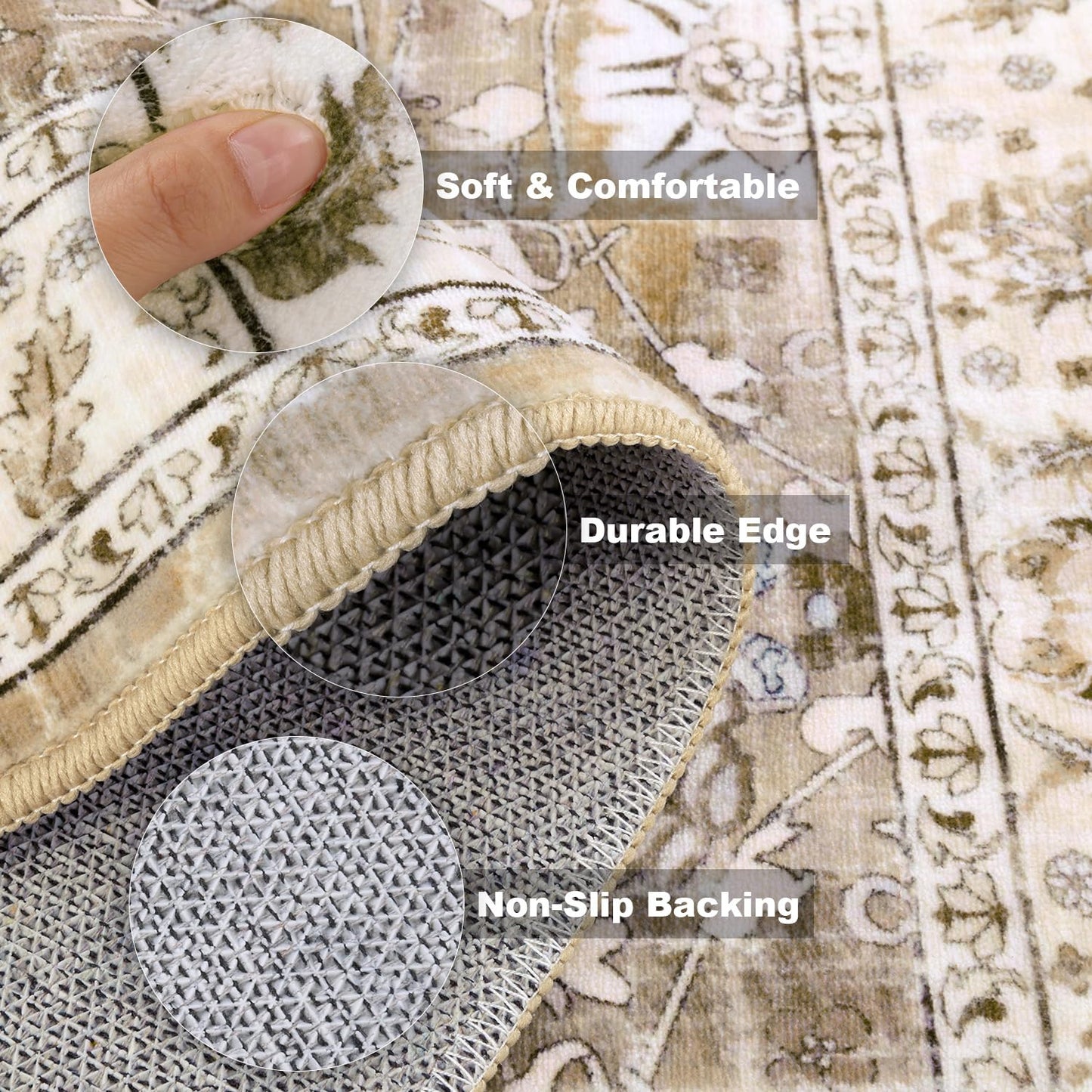 LOKHOM Washable Runner Rug, 2x10 Non-Slip Boho Hallway Rug with Rubber Backing, Vintage Soft Stain Resistant Distressed Kitchen Runner Rug for Kitchen Laundry Entryway Bedroom (Beige Brown)