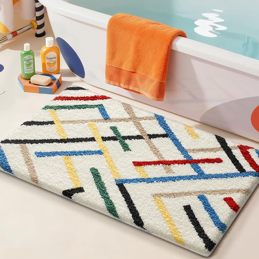 LUMI Bathroom Rugs with Colorful Line, Soft Absorbent Bath Mat for Modern Home Decor, Non-Slip Quick-Dry Bath Rug, Machine Washable Floor Mat for Shower and Tub, Entryway, 24"x36", Colored Line
