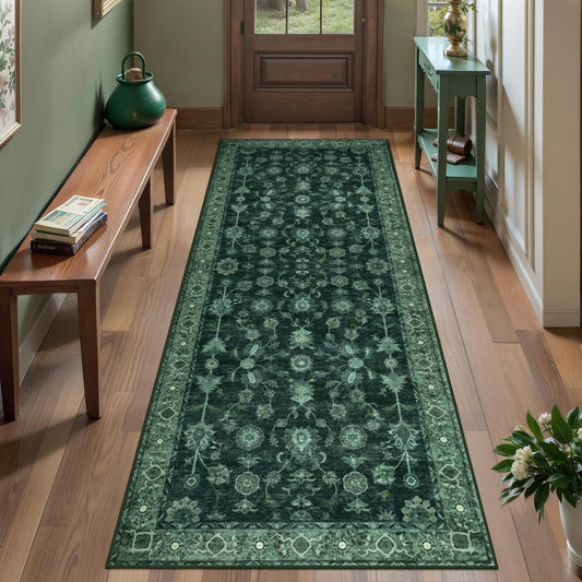 Tangsoo Green 2x5 Runner Rug Non Slip Washable for Kitchen Bathroom, Vintage Floral Boho Rug Runner for Hallway Entryway, Low Pile Carpet Door Mat Indoor Entrance for Bedroom Laundry Pet&Kids Friendly