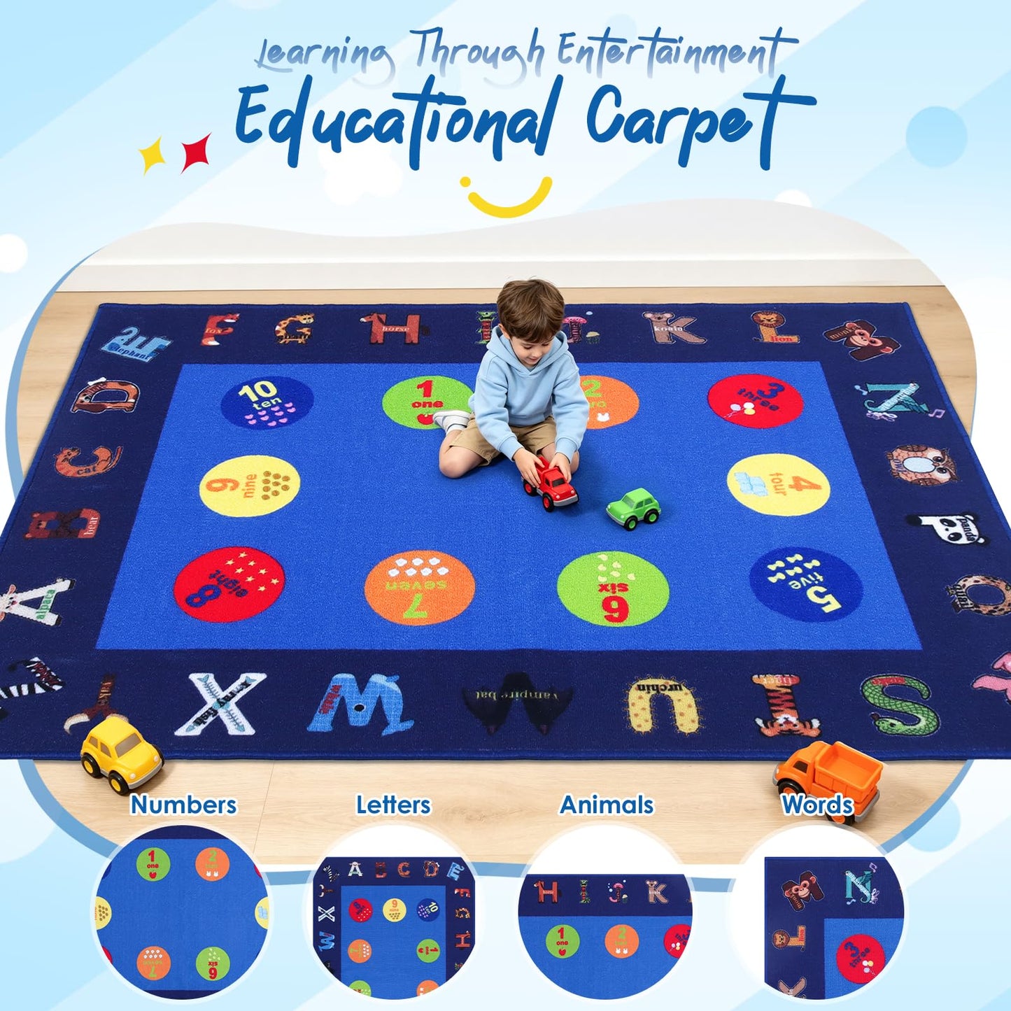 lotoo Classroom ABC Rug, Kids Rugs for Playroom, Preschool Educational Carpet for Learning Alphabet Animals Words Numbers, Kids Daycare Nursery Play Mat for Toddlers Children Bedroom School
