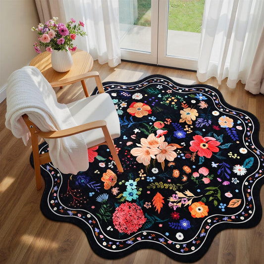 Macgace Black Round Rug for Girls Bedroom, 5ft Machine Washable Floral Area Rugs with Non Slip Backing, Cute Flower Carpet Kitchen Living Room Kids Playroom Decor