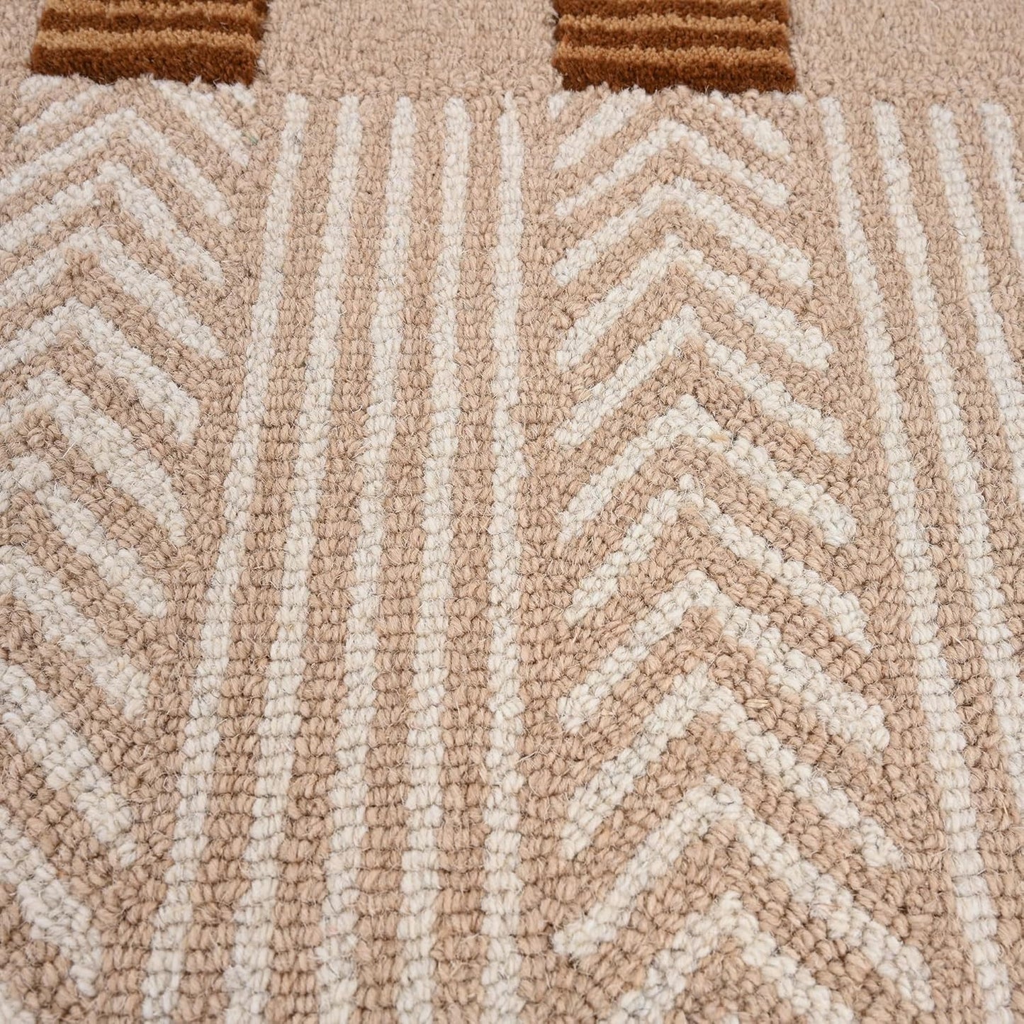 Handmade Scalloped Wool Area Rug - Modern Geometric Pattern, Green-Beige Stripes, Checkered Chevron Design - Soft, Durable Thick Carpet for Living Room, Bedroom, Dining Room (Light Brown, 4' x 6')