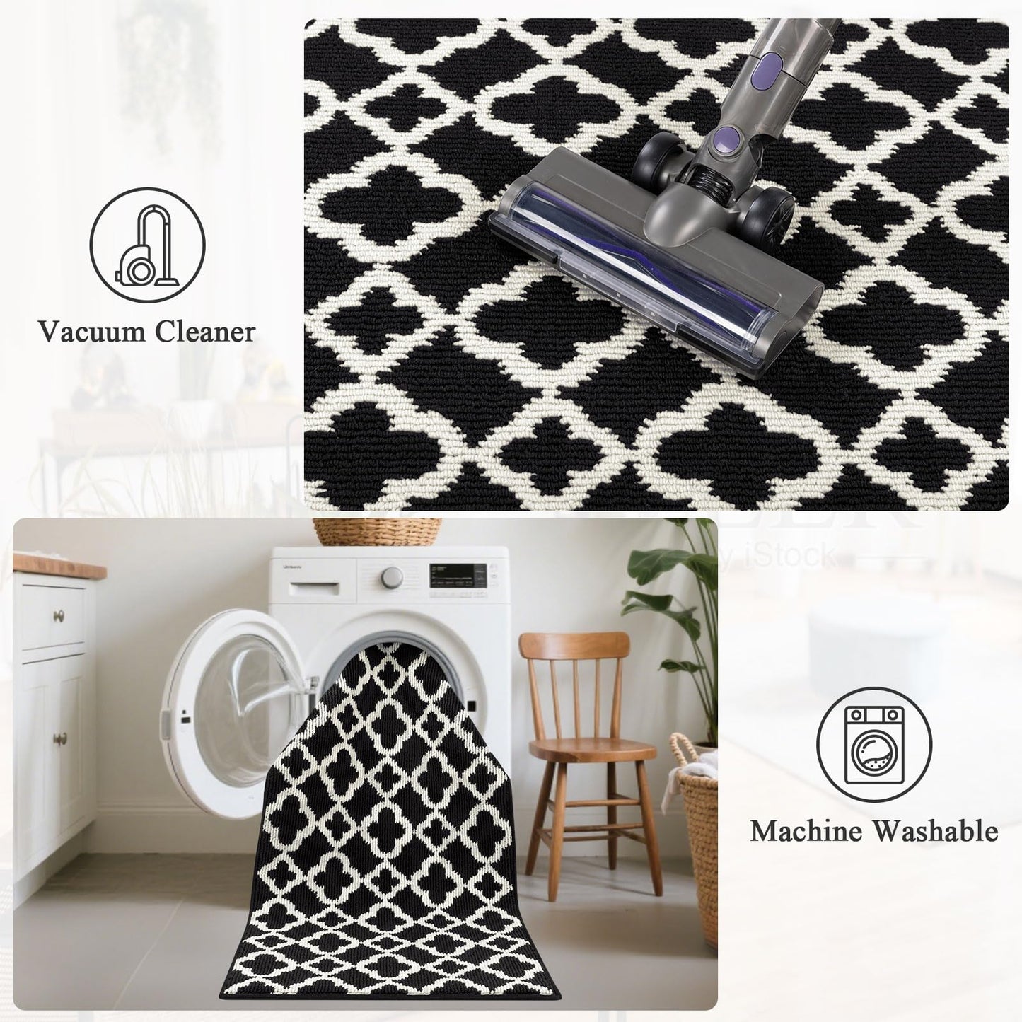 U'Artlines Washable Hallway Runner Rug 2x6', Non-Slip Basketweave Modern Geometric Kitchen Runner, Low Profile Entryway Rug for Indoor, Laundry Room & Bathroom Black and White