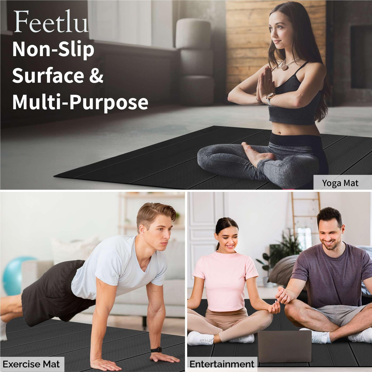 Feetlu Foldable Large Yoga Mat, Extra Space 72"L x 48"W (183 x 122 cm), 6mm & 8mm Thick, Workout Mat for Home Gym and Travel - Anti-Slip Folding Exercise Mat for Yoga & Pilates - Black 6mm