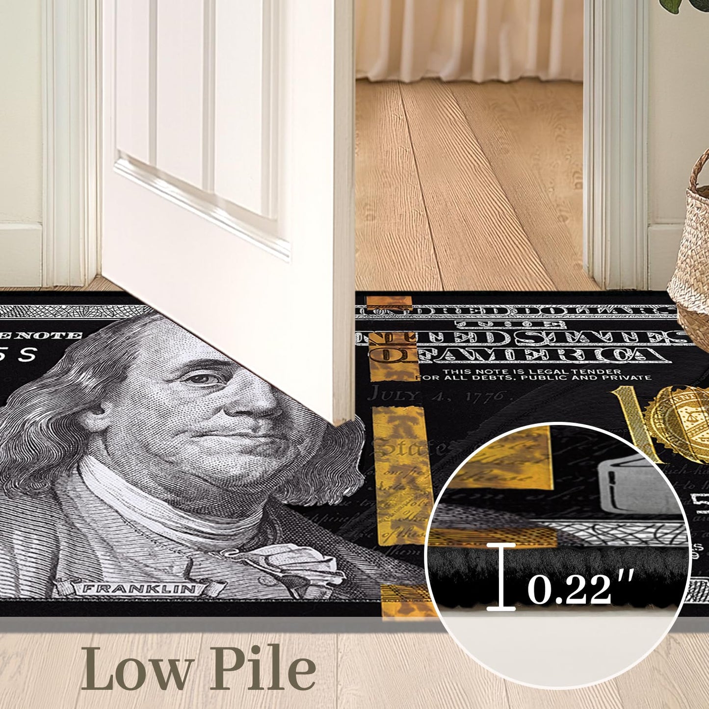 Money Rugs for Living Room 4x6 Area Rug for Bedroom,100 Dollar Bill Throw Rug Washable Rugs Indoor,Hundred Dollar Bills Area Carpet Non Slip Soft Floor Carpets Mat for Dining Room,Laundry,Office,Black