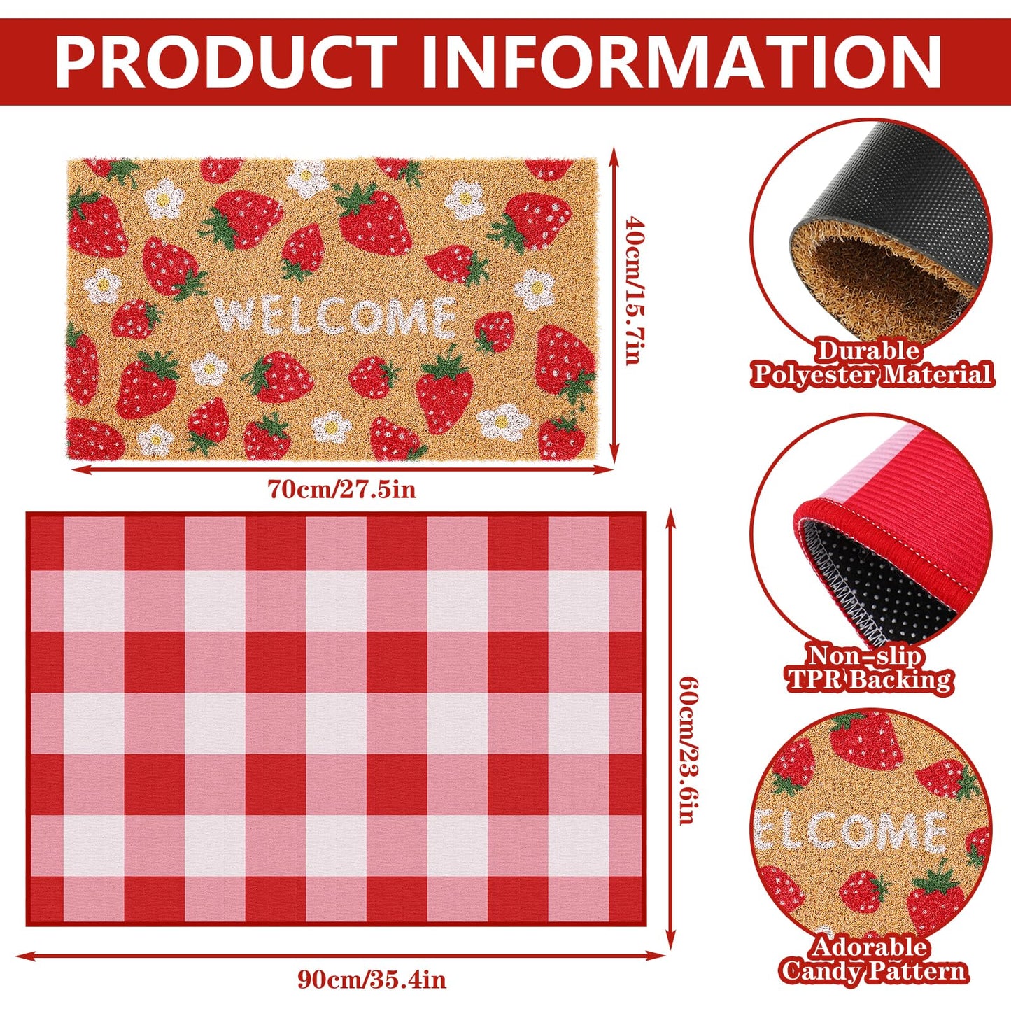 Whaline 2 Pcs Strawberry Daisy Doormat Set Floor Mat Red Pink Checkered Fruit Coir Non-Slip Front Door Rug for Spring Summer Outdoor Home Kitchen Bathroom Entrance Porch