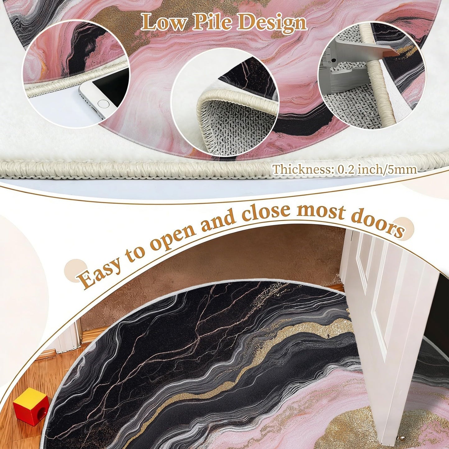 bstract Round Area Rug 4ft Modern Marble Pattern Pink Decorative Circle Rug Low-Pile Soft Carpet Washable Indoor Floor Mat for Living Room Bedroom Dining Room Home Office