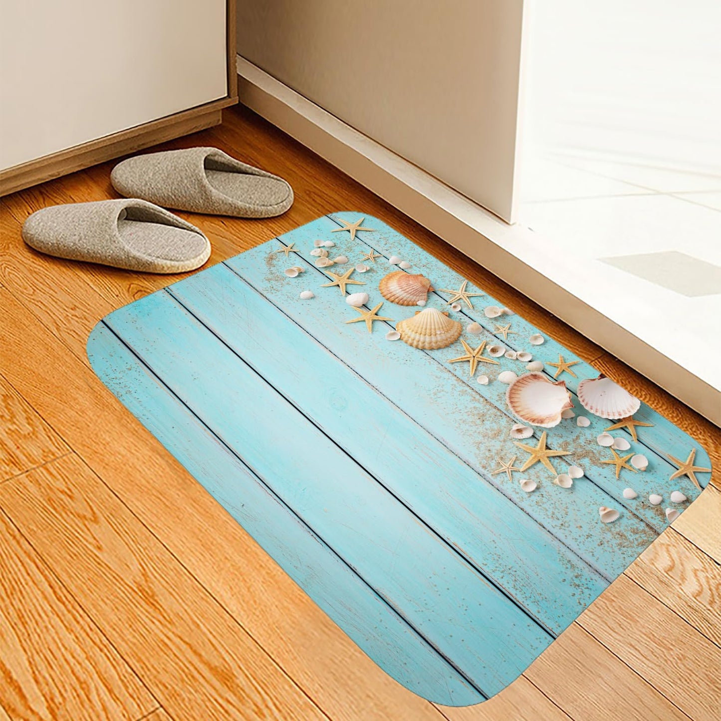LYFANS Memory Foam Bath Mat, Non Slip Absorbent Flannel Bathroom Rug, 18" x 30", Soft Washable Shower Floor Mat with Coastal Seashell, Decorative Bath Rugs for Bathroom, Kitchen, Entryway, Bedroom