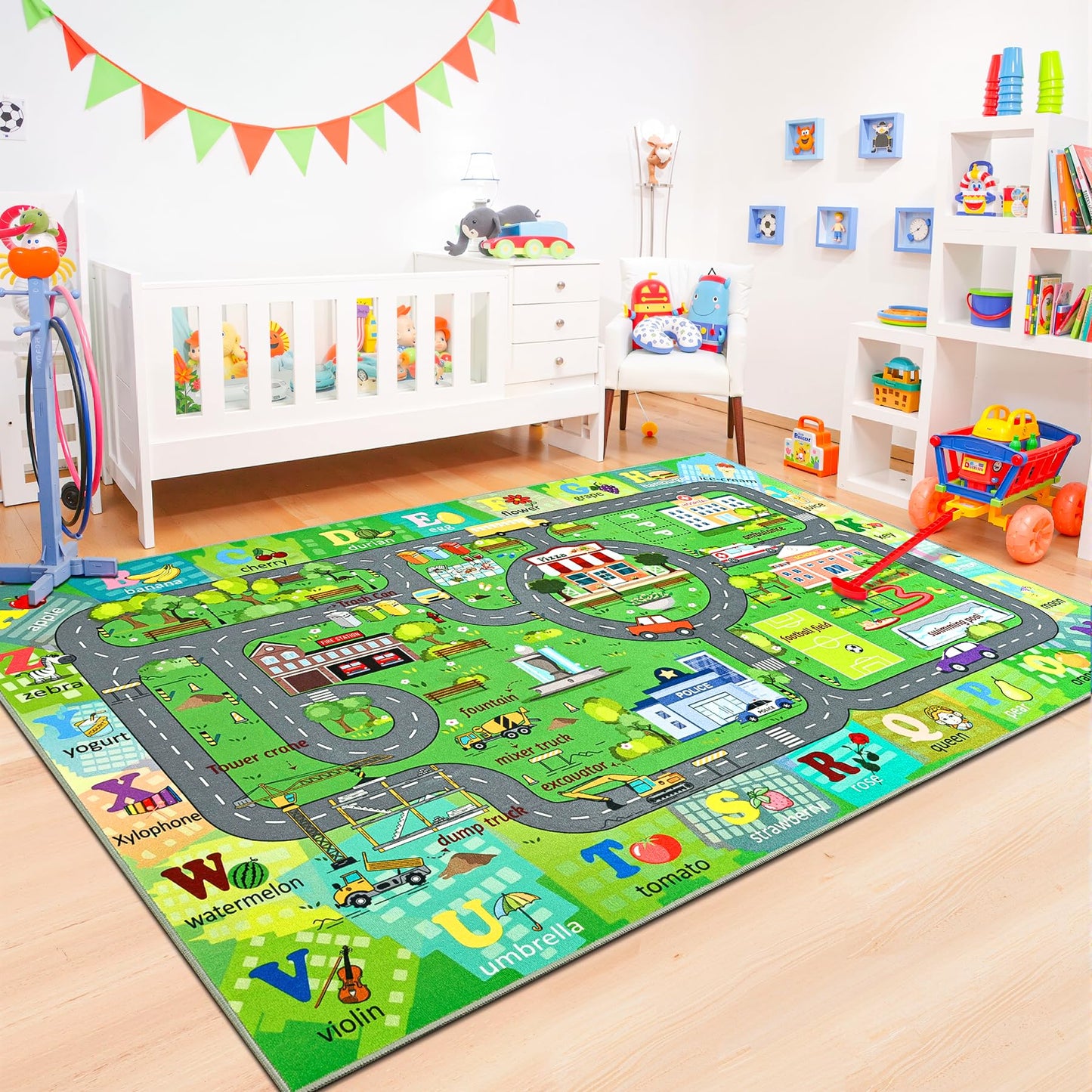 Chicrug 5x7 Car Road Area Rug for Kids Playroom Bedroom, Non Slip Low Pile Washable ABC Alphabet Carpet for Classroom, Track Play Mat for Toddler Children Nursery Baby Room Decor, Dark Green