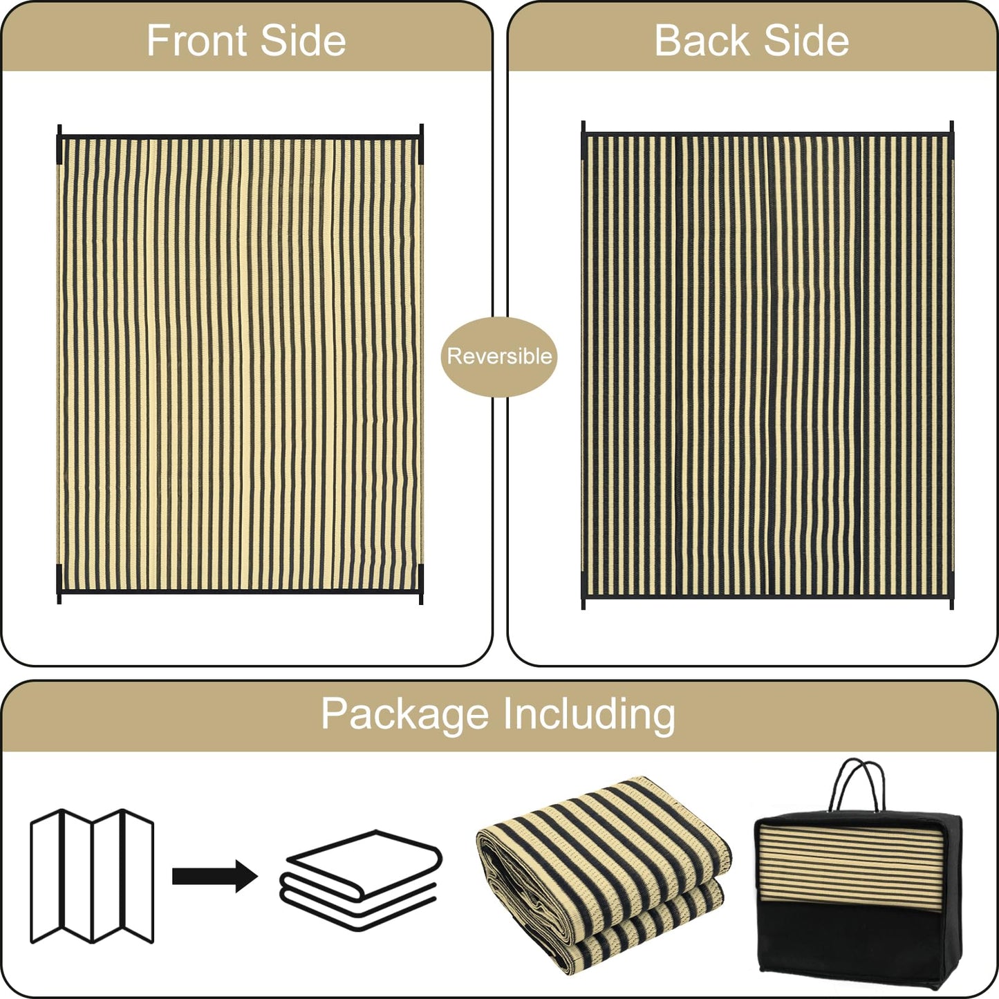 LEEVAN Waterproof Outdoor Rug 6x9 Patio Rug Clearance Black and Tan Plastic Straw Area Rug for Backyard Striped Camping Outside Mat for Picnic, RV, Deck, Bench, Balcony
