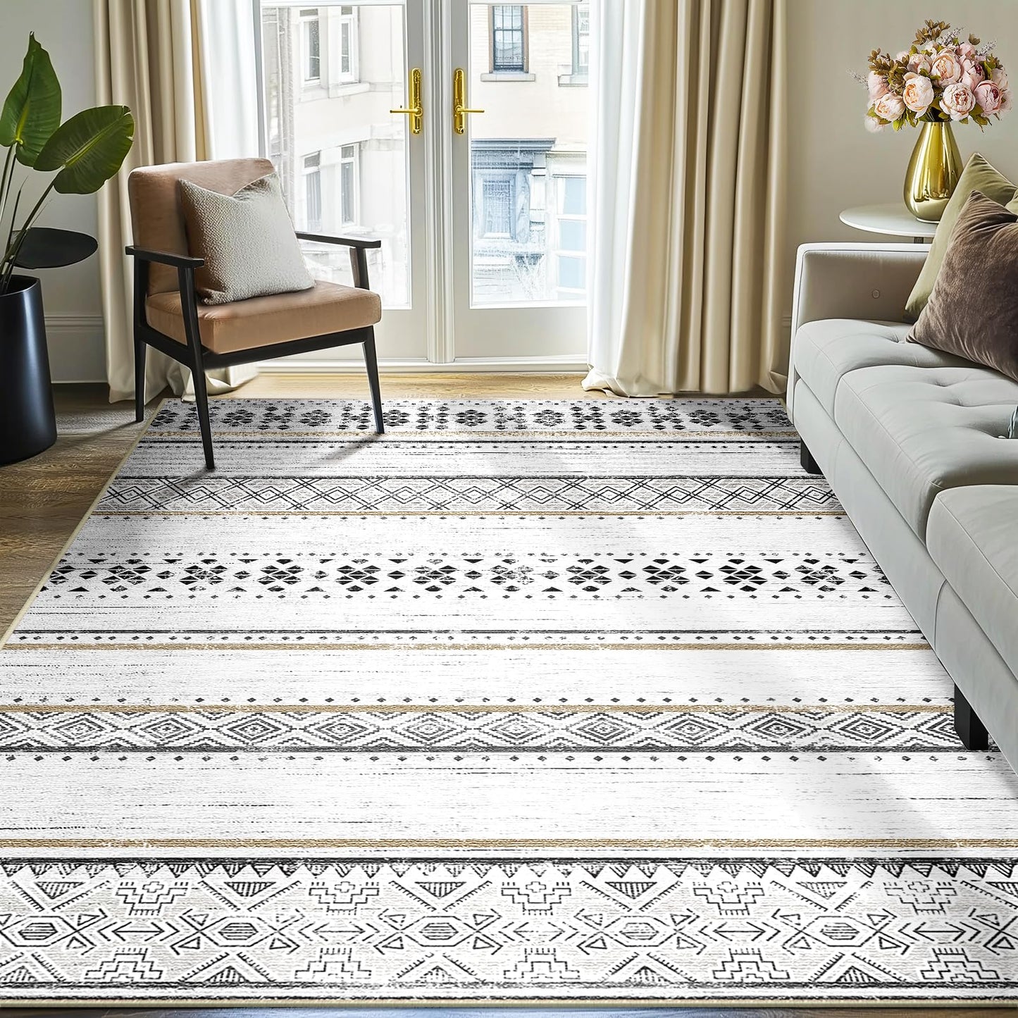 BESTSWEETIE 5x7 Area Rugs for Living Room Washable Moroccan Farmhouse Neutral Geometric Low Pile Non-Slip Soft Print Pattern Rug for Bedroom Kitchen Dining Room Entryway Black/Brown