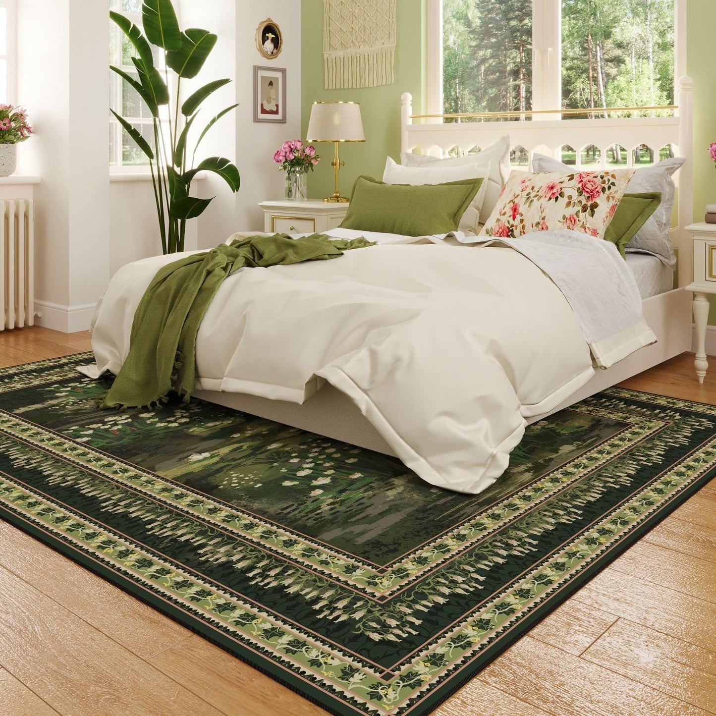 Rugcomf 5x7 Area Rugs Impressionist-Style Vintage Washable Area Rug Non Slip Low Pile Large Rugs for Living Room Bedroom Farmhouse Dining Room Kids Playroom, Green