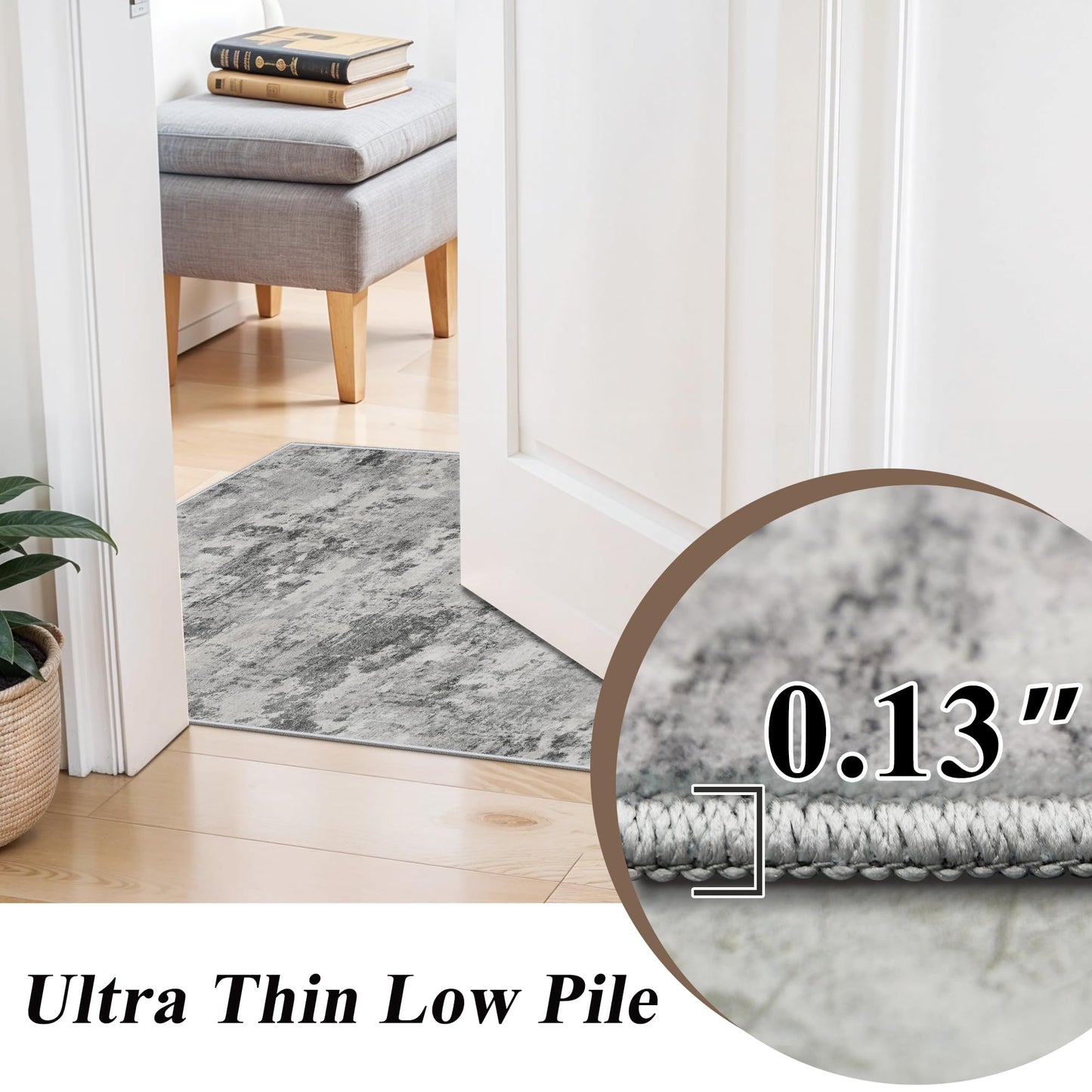 HILORUUG 2x4 Rug Washable Entryway: Non Slip Abstract Runner for Kitchen Bathroom - Modern Minimalist Low Pile Stain Resistant Thin Indoor Floor Mat - 2x4 Black Grey