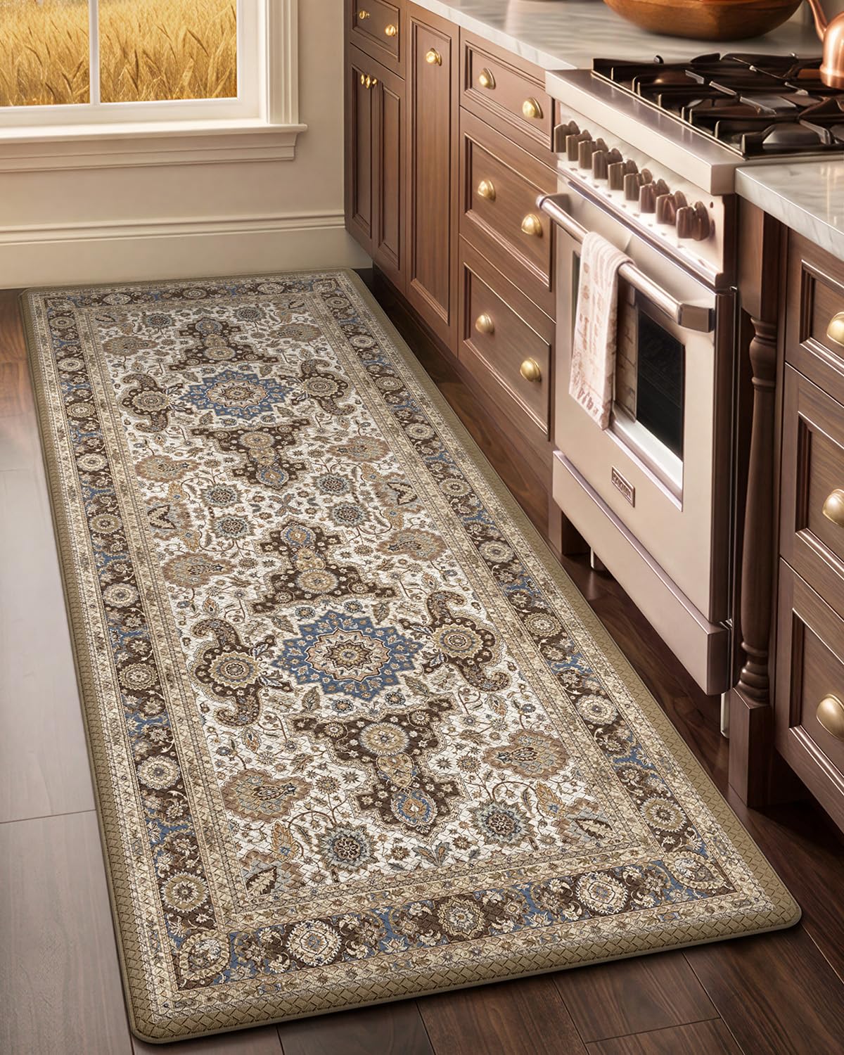 LUMI Kitchen Mat Anti Fatigue Cushioned, Memory Foam Padded Standing PVC Rug Washable, Non Slip Comfort Floor Runner for Home, Sink, Laundry, Office, 24"x87", Ivory Brown