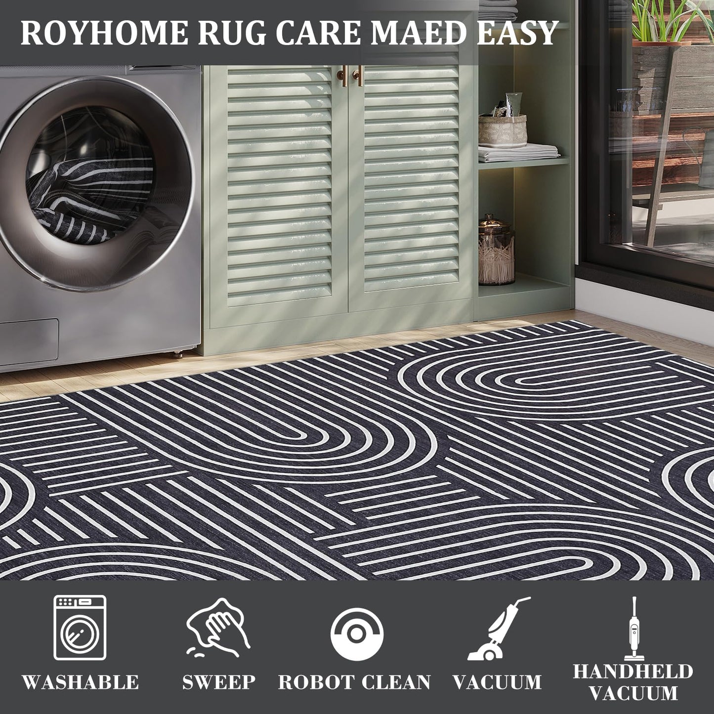 ROYHOME Washable Rug 5x7 Area Rugs for Living Room, Abstract Rug for Bedroom, Soft Rainbow Non Slip Throw Rugs with Rubber Back, Low Pile Stain Resistant Boho Geometric Carpet for Dining Room, Black
