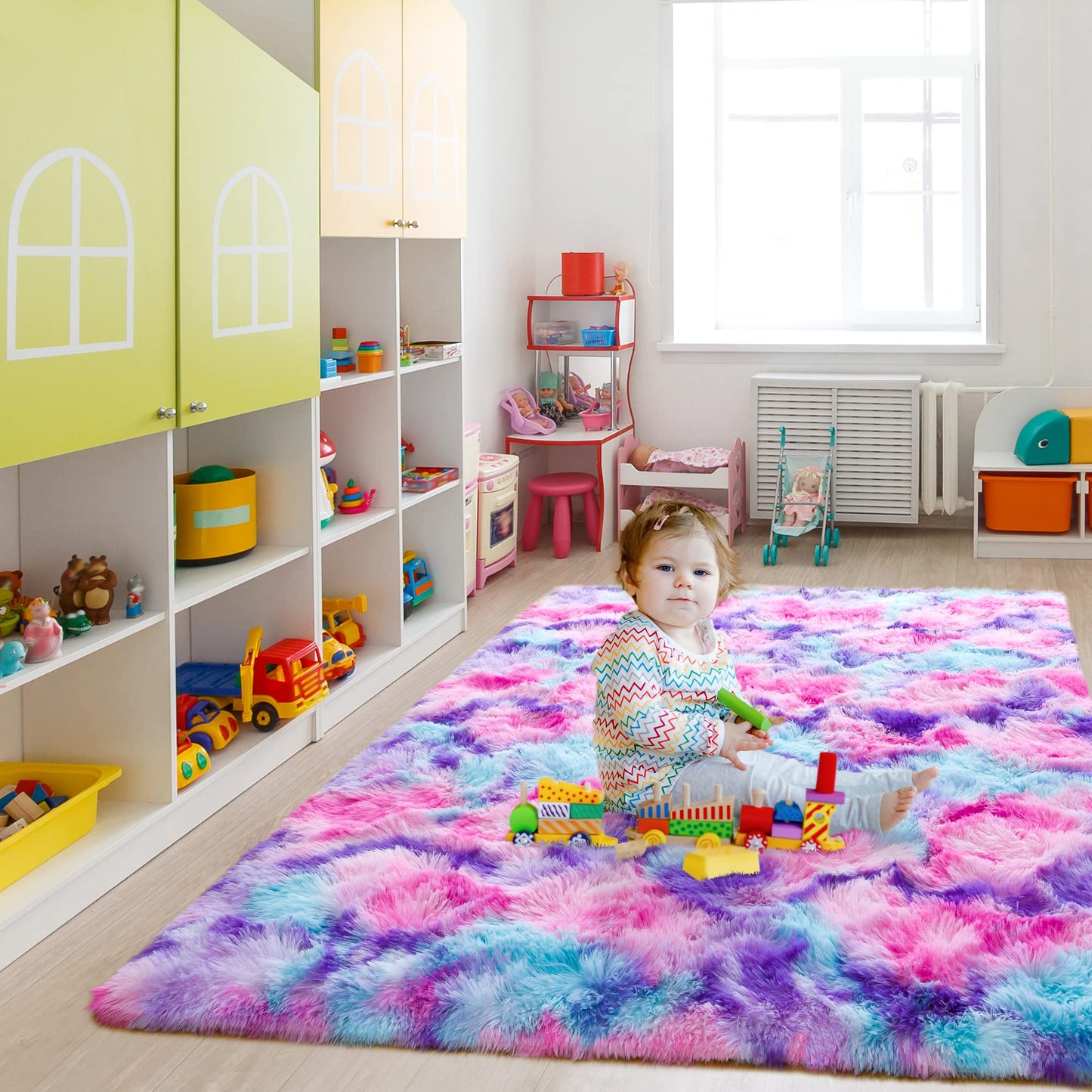 5x7 Large Tie-Dyed Pink Purple Blue Area Rug for Kids Living Room Bedroom, Fluffy Shag Soft Plush Furry Carpet, Non-Slip Indoor Floor Mat for Dining Room Home Decor