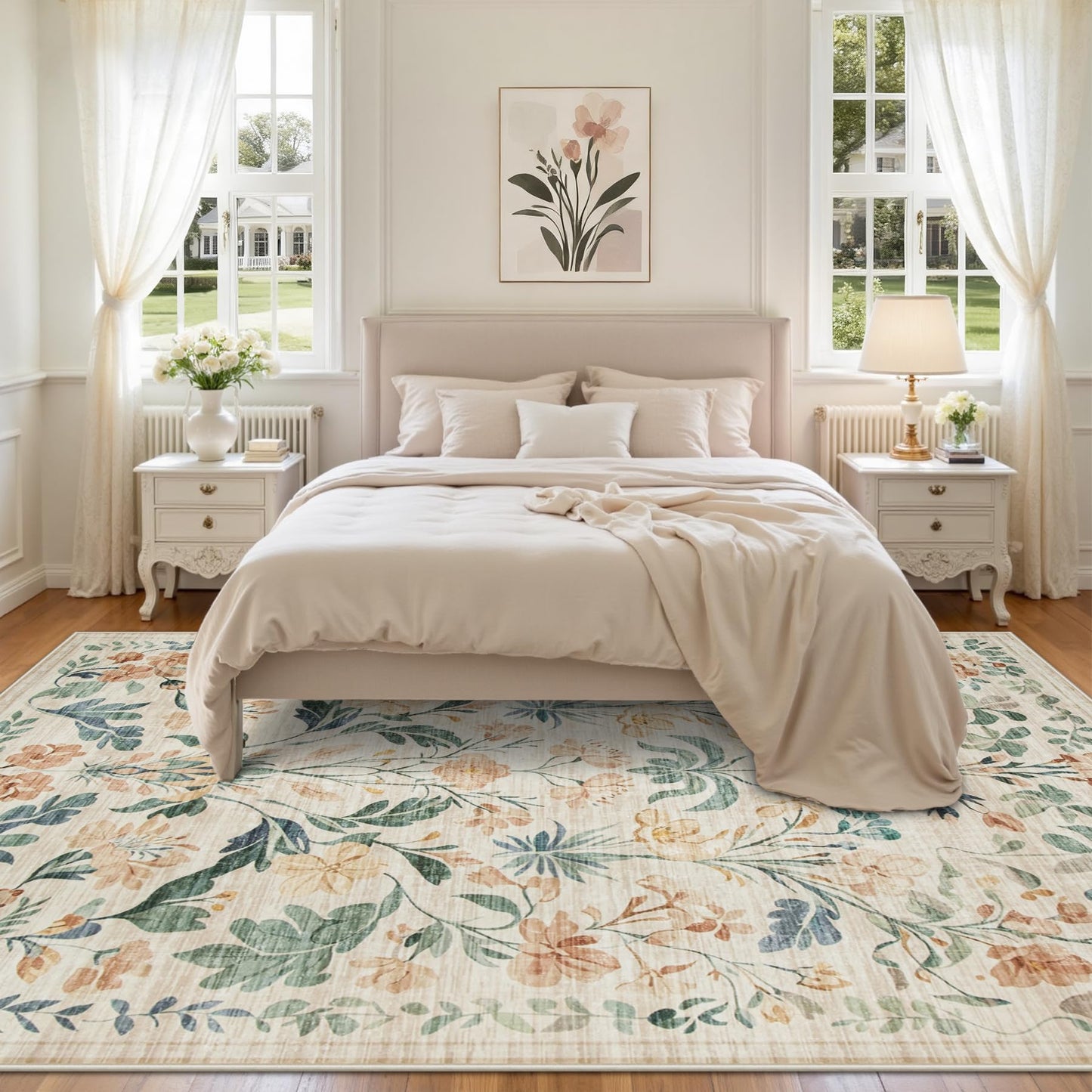 8x10 Area Rugs Washable Rug: Large Boho Living Room Rug Soft Non-Slip Low Pile Carpet Indoor Floor Non-Shedding Neutral Floral Carpets for Bedroom Dining Room Farmhouse Nursery Beige