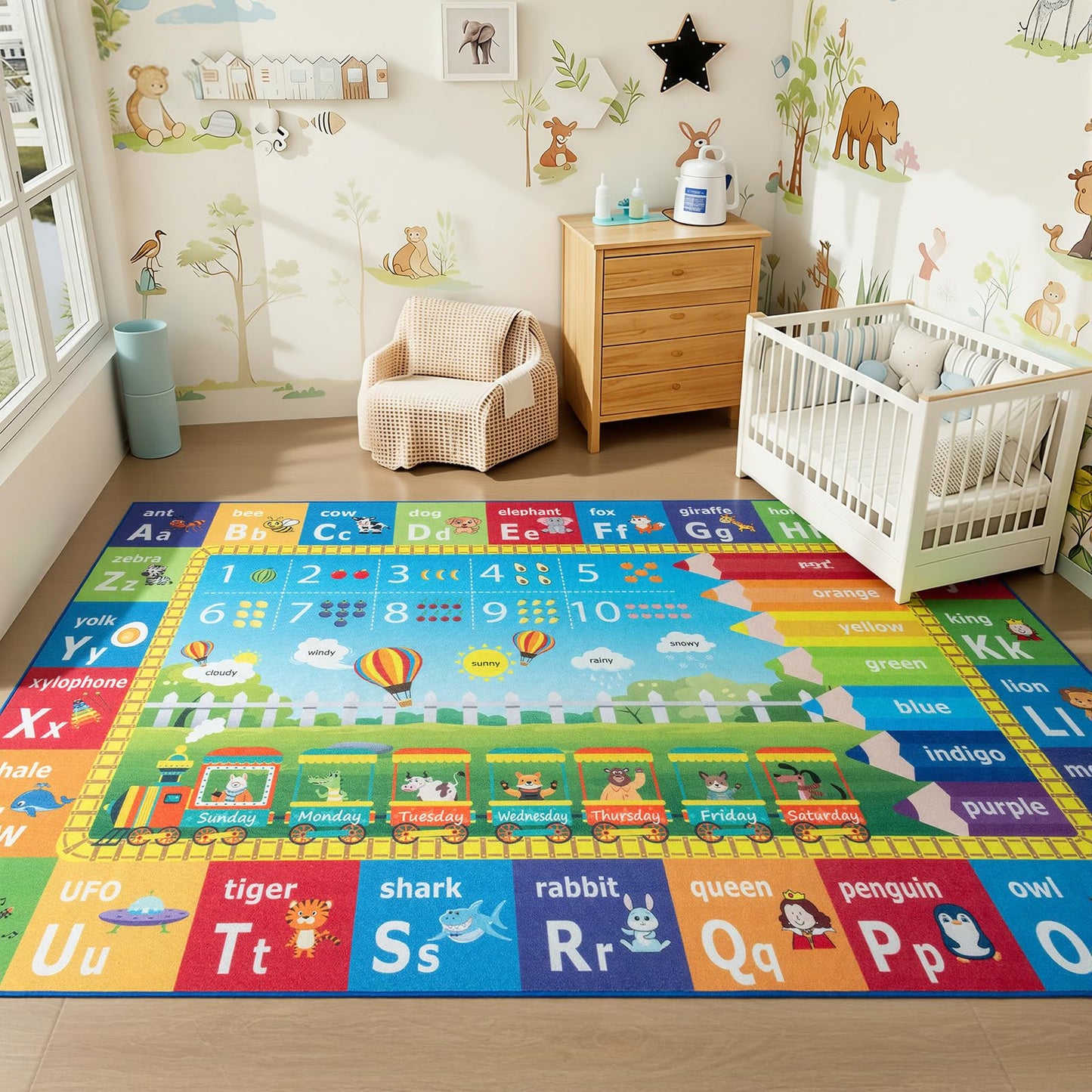 ST. BRIDGE Educational Kids Rug for Playroom 4x6 Feet, Non Slip Play Mat with ABC Alphabet, Numbers & Animals for Toddler Preschool Nursery Classroom, Soft Washable Area Rug for Early Learning