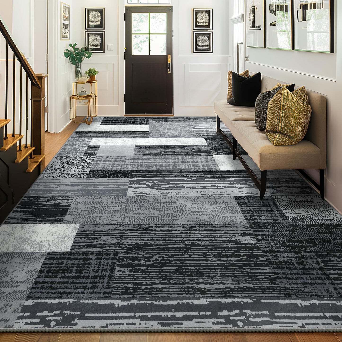 Large Area Rugs,Modern Geometric Patchwork Floor Decor for Bedroom Aesthetic Carpet, Rockwood Collection, Indoor Rugs for Living Room, Dining Room, Nursery, Office, Machine Washable Rug,5x8 Ft Grey