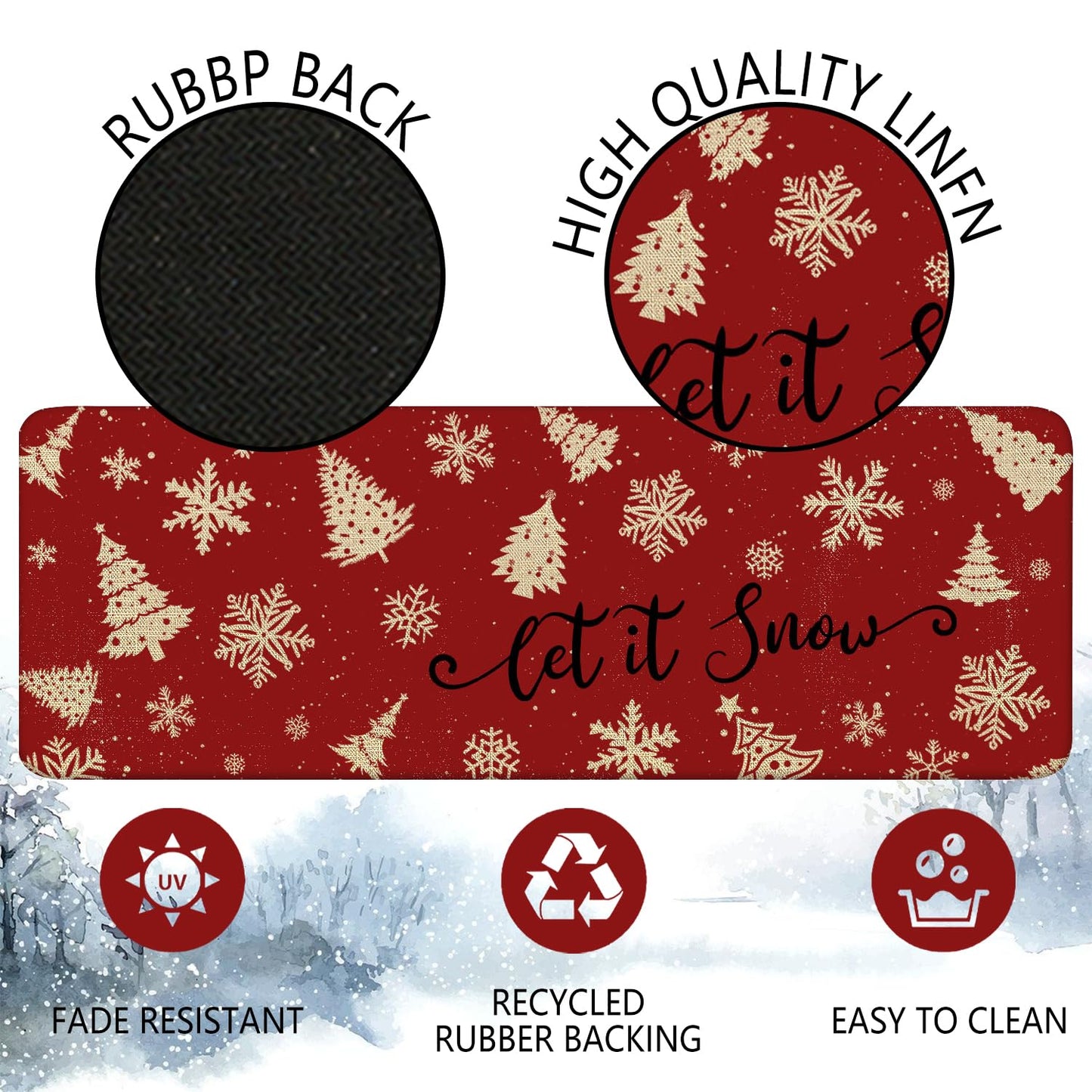 Red Christmas Kitchen Mats Set of 2, Linen Xmas Kitchen Rugs, Merry Christmas & Let It Snow Design, Non-Slip Floor Mats for Kitchen, Entryway Christmas Decor 17x30+17x47 Inch