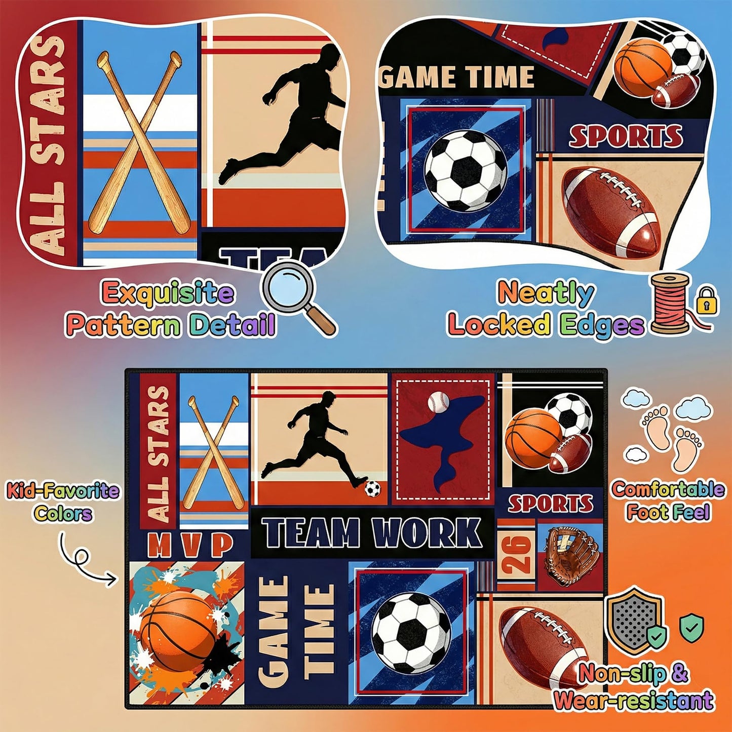 BATATADOCE Sports Rug - 2.5x4 Feet Small Area Rug Basketball Football Soccer Baseball Kids Play Carpet for Boys Bedroom Game Room Living Playroom Decor