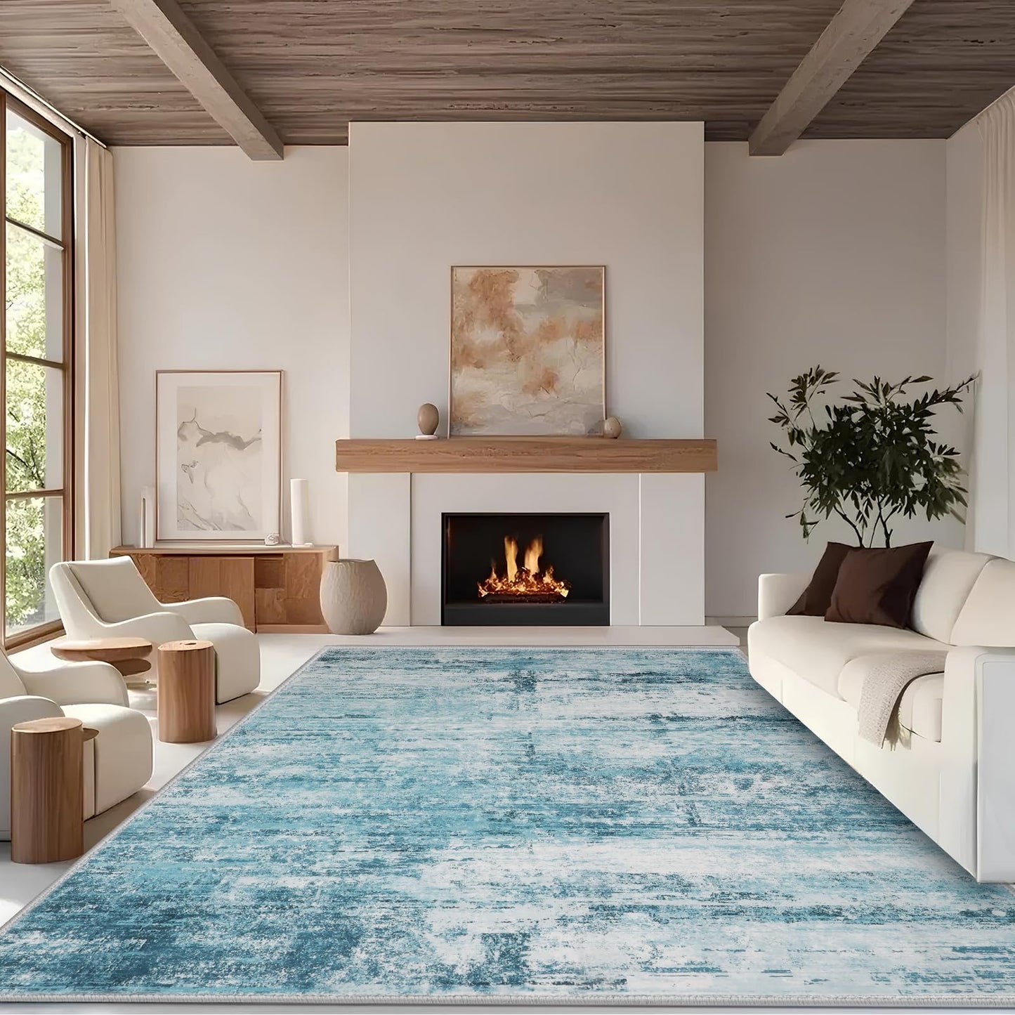 FLYRUGGO 4x6 Abstract Rug for Entryway, Modern Teal Grey Washable Indoor Entry Way Area Rugs, Thin Soft Non-Slip Carpet Door Mat for Dining Room Kitchen Bedroom - Teal+Gray