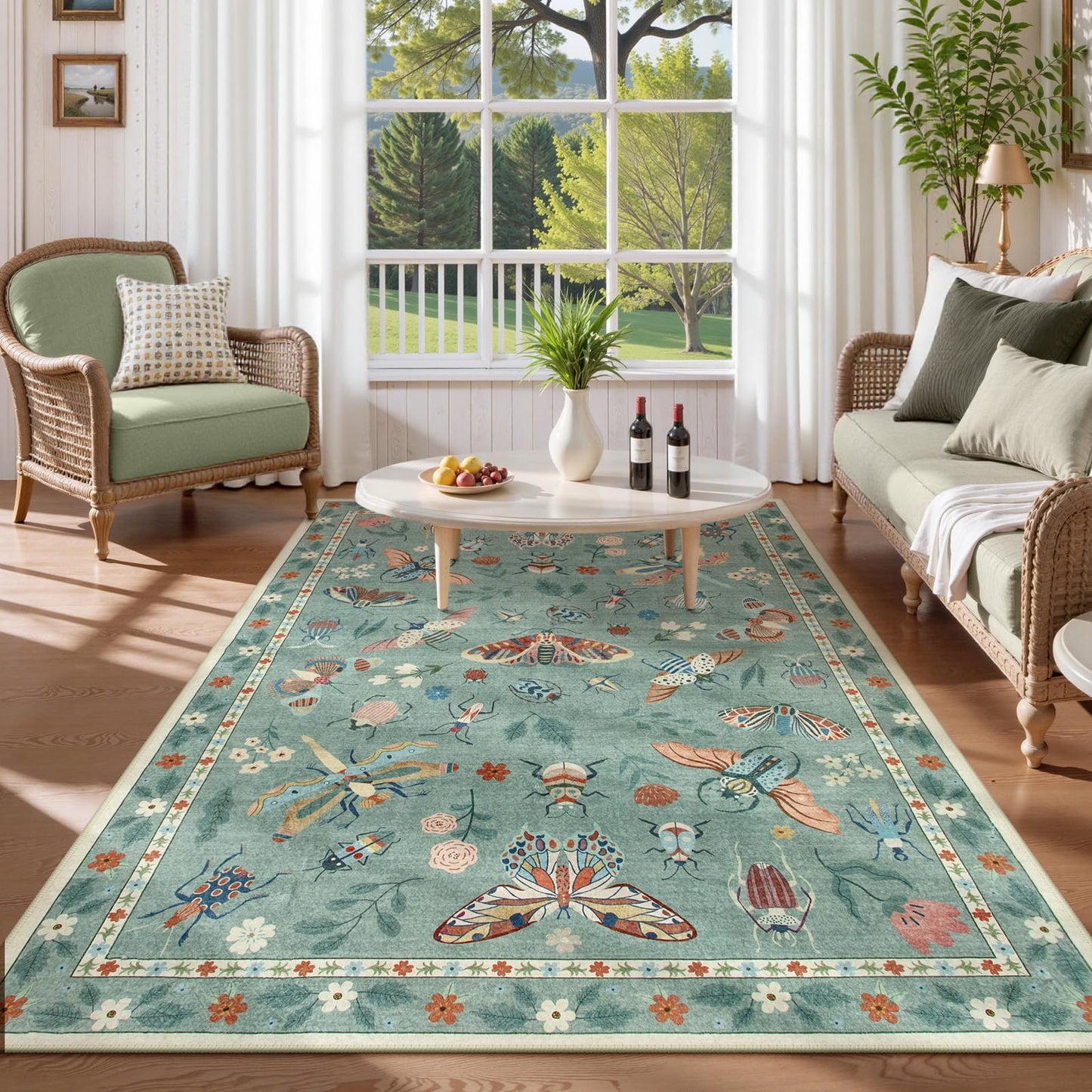 Lahome Insect Washable Area Rugs 5x7, Soft Green Rug for Living Room Bedroom Ultra-Thin Non-Shedding, Modern Throw Large Carpet for Dining Room Nursery Vionnet(5'x7',Green)