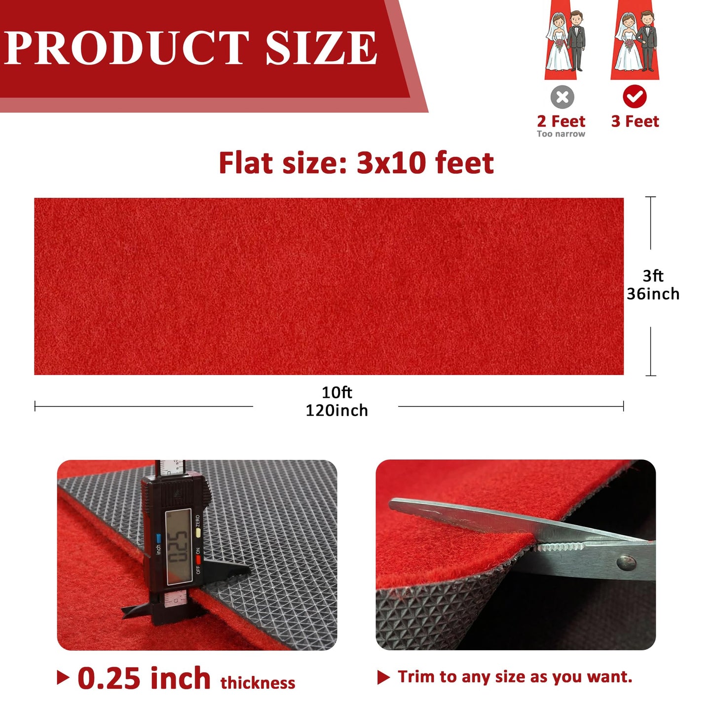Mugiden Extra Thick Red Carpet Runner for Party, 3ft x 10ft Non-Slip Red Carpet Runner Rug Waterproof Aisle Runway Carpet for Wedding Ceremony, Prom Proposal, Banquets Decor