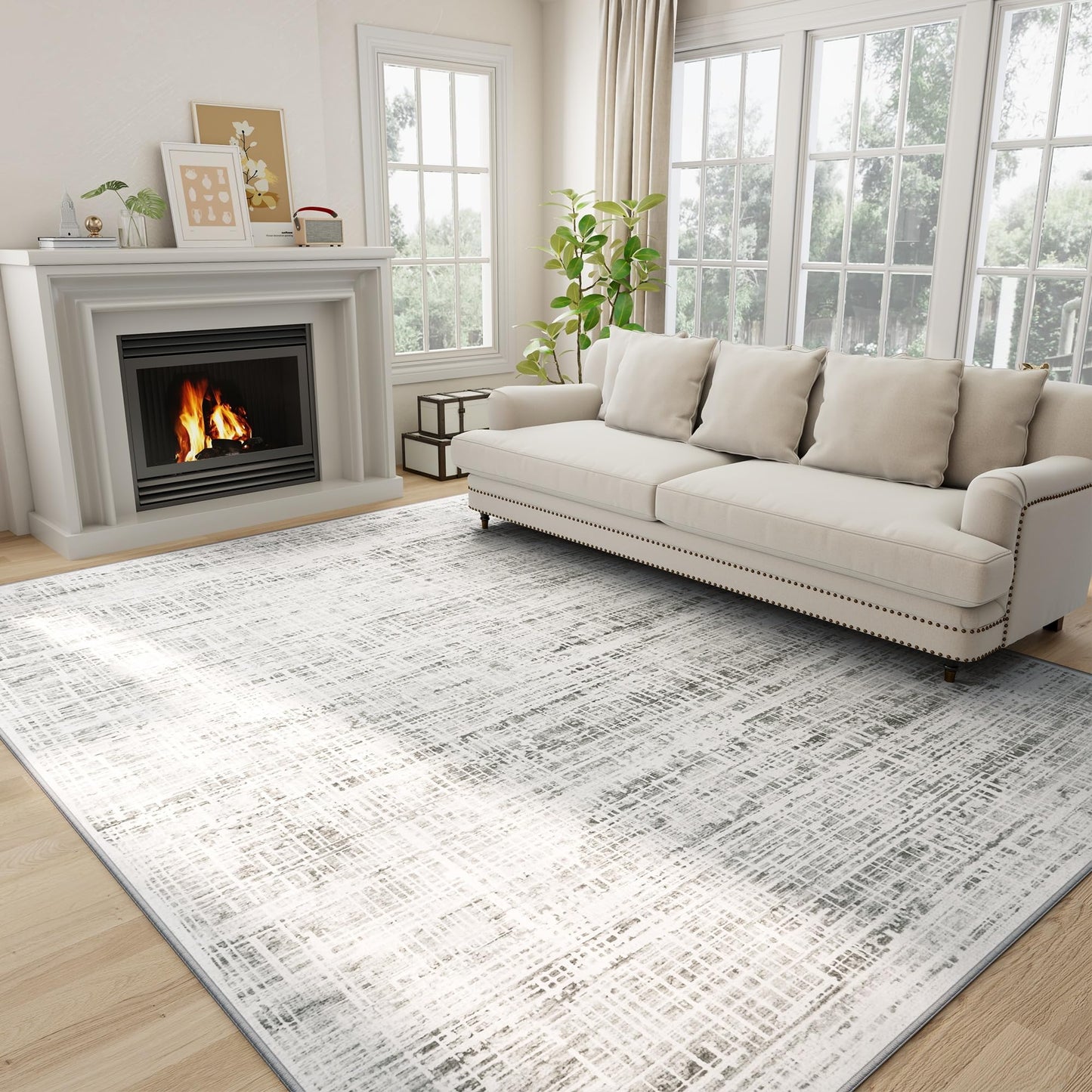 5x7 Area Rugs Washable Rug: Anti-Skid Abstract Modern Living Room Rug Soft Thin Carpets Indoor Floor Non-Shedding Carpet for Bedroom Dining Farmhouse Nursery Home Office (White Gray, 5'x7')