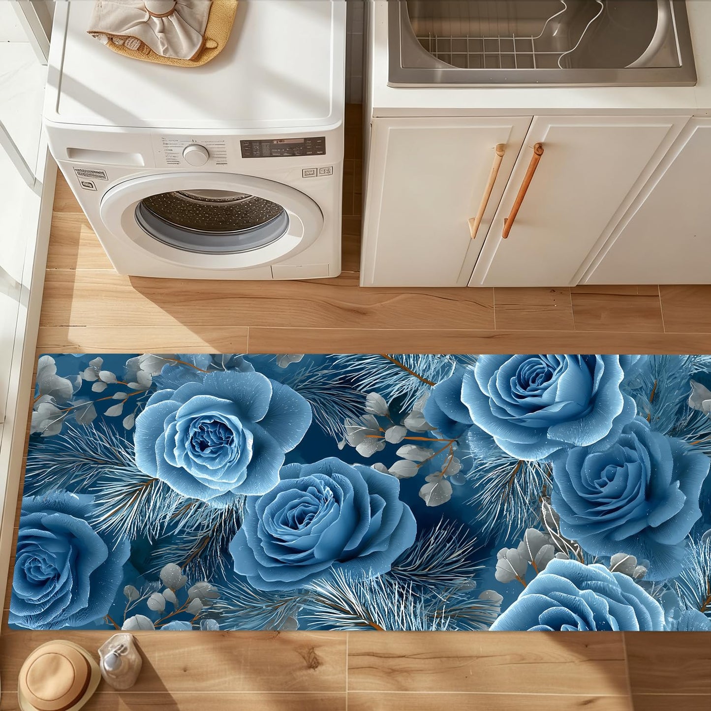 Blue Rose Laundry Room Rug 20x47 Inch – Non-Slip Winter Floral Runner Mat for Laundry Room, Entryway, Christmas Decor