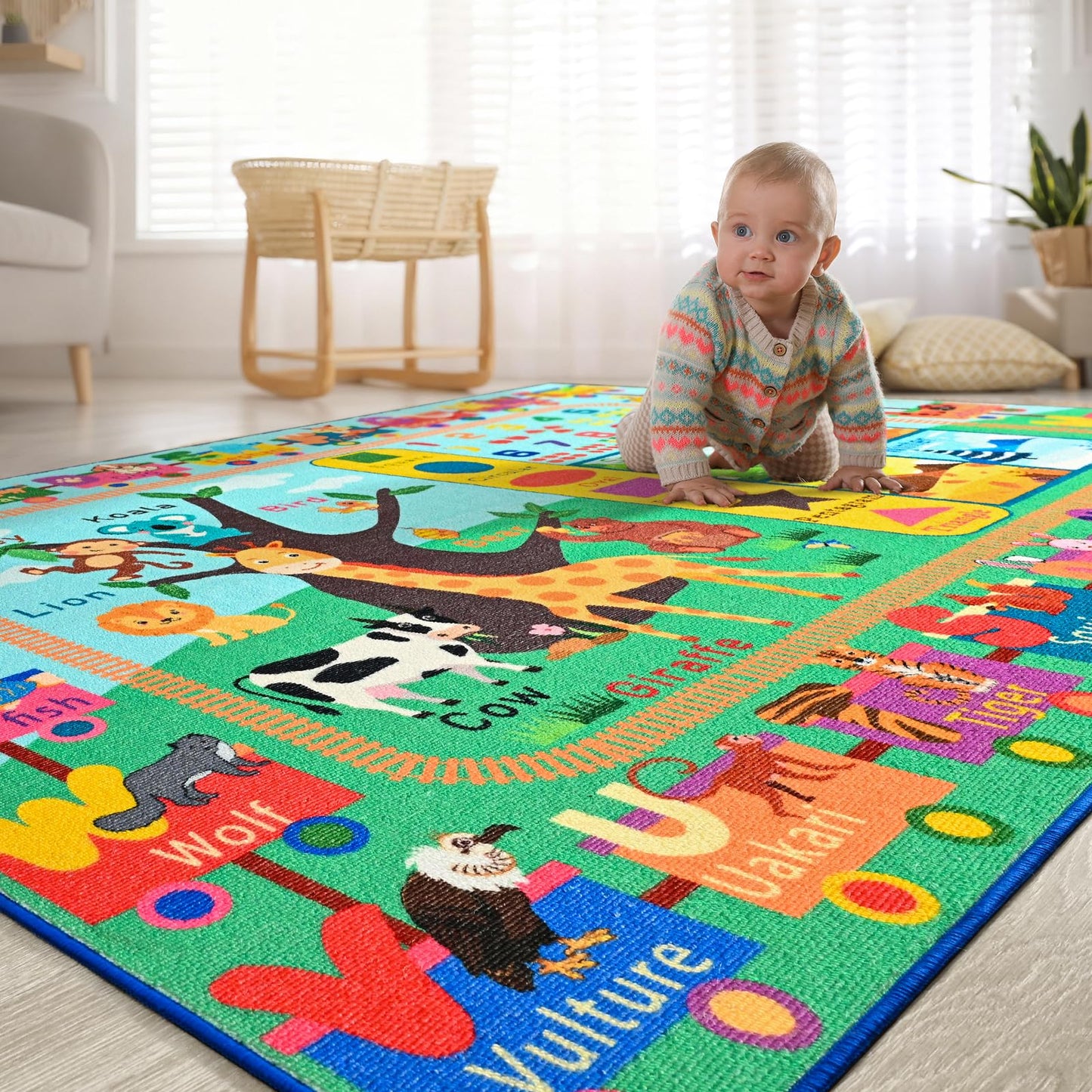 Zedrew Kids Rug for Playroom, 4x6 ABC Educational Carpet for Classroom, Fun Alphabet Area Rugs for Learn Numbers Season Animal Weather and Shapes Playmat for Girls Boys Room Nursery Decor