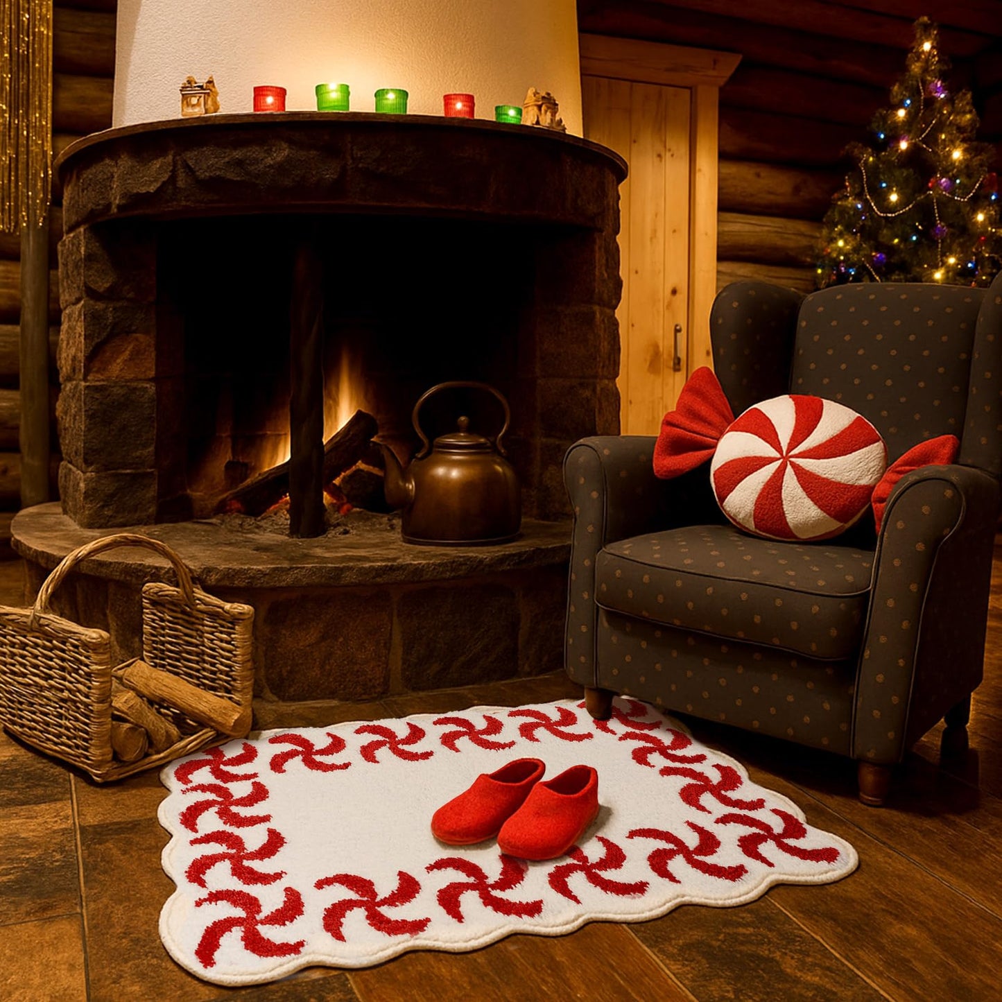 WILLBOND Scalloped Candy Christmas Bathroom Rug Peppermint Swirl Bath 32 x 20 Inch Nonslip Rug Flocking Christmas Bathroom Decor Soft Washable Shower Floor Mat for Tub Bedroom Holiday Home Decor