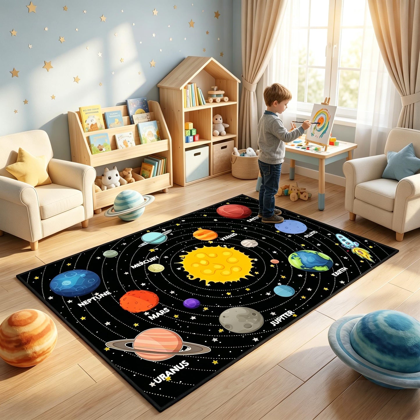 Planet Rug Space Adventure Theme Boys Bedroom Carpet Galaxy Floor Mat with Solar System Planets Galaxy Decor Kids Playroom Educational Rug, 3'×5'