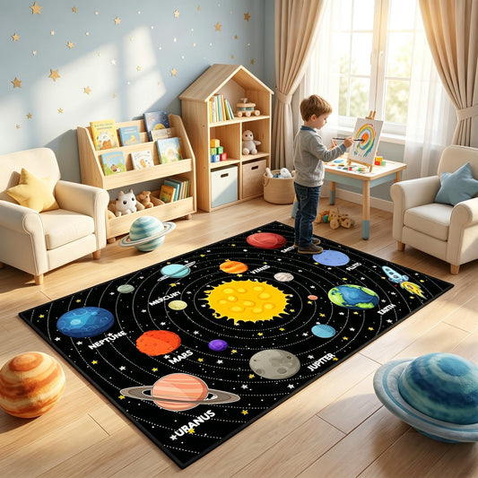 Planet Rug Space Adventure Theme Boys Bedroom Carpet Galaxy Floor Mat with Solar System Planets Galaxy Decor Kids Playroom Educational Rug, 3'×5'