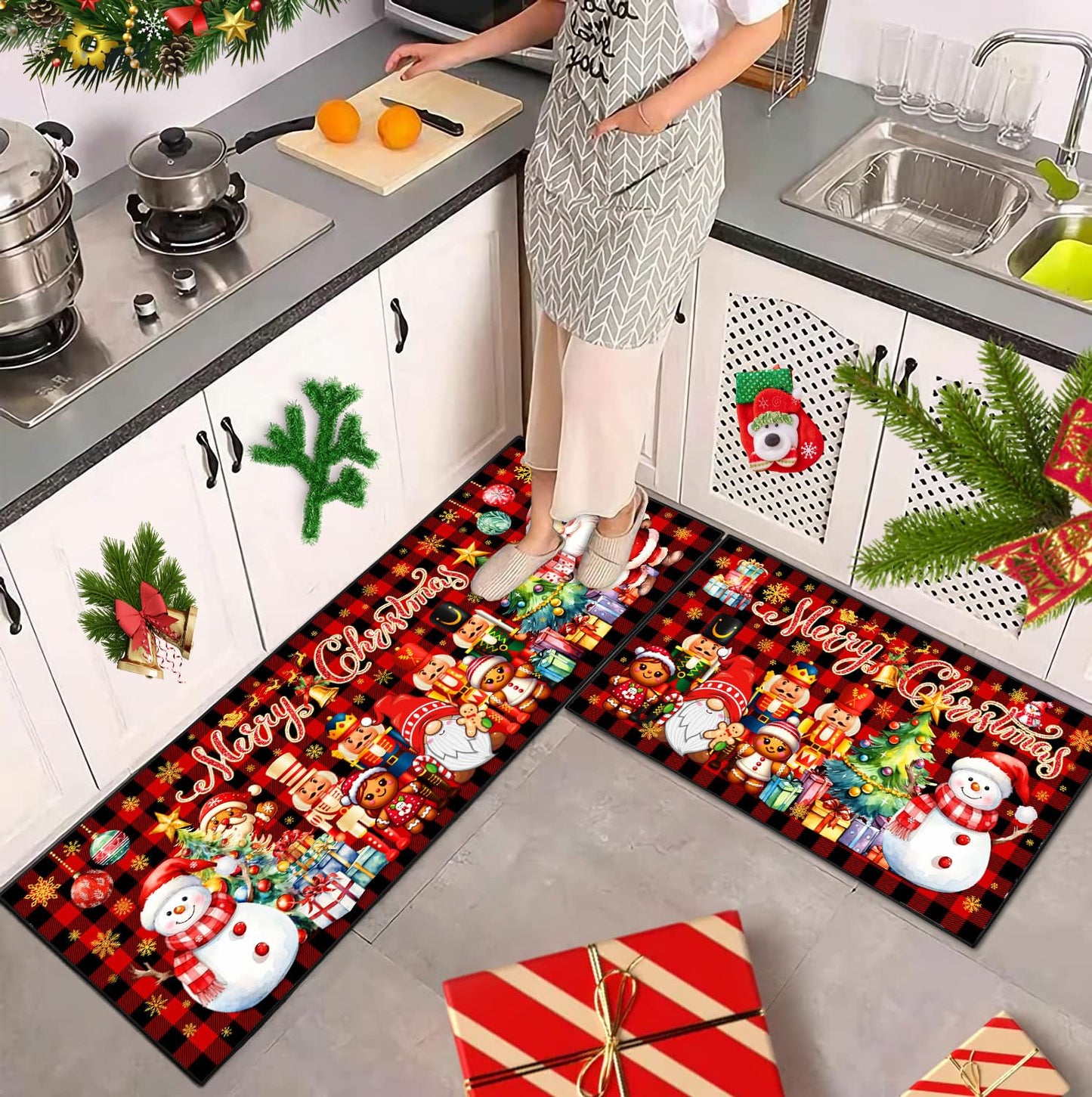 ACZHHZC Merry Christmas Nutcracker Kitchen Rugs and Mats Set of 2, Buffalo Plaid Winter Xmas Holiday Home Kitchen Decor Floor Mats, Washable Non-Slip Sink Carpet (17"x47"+17"x30")