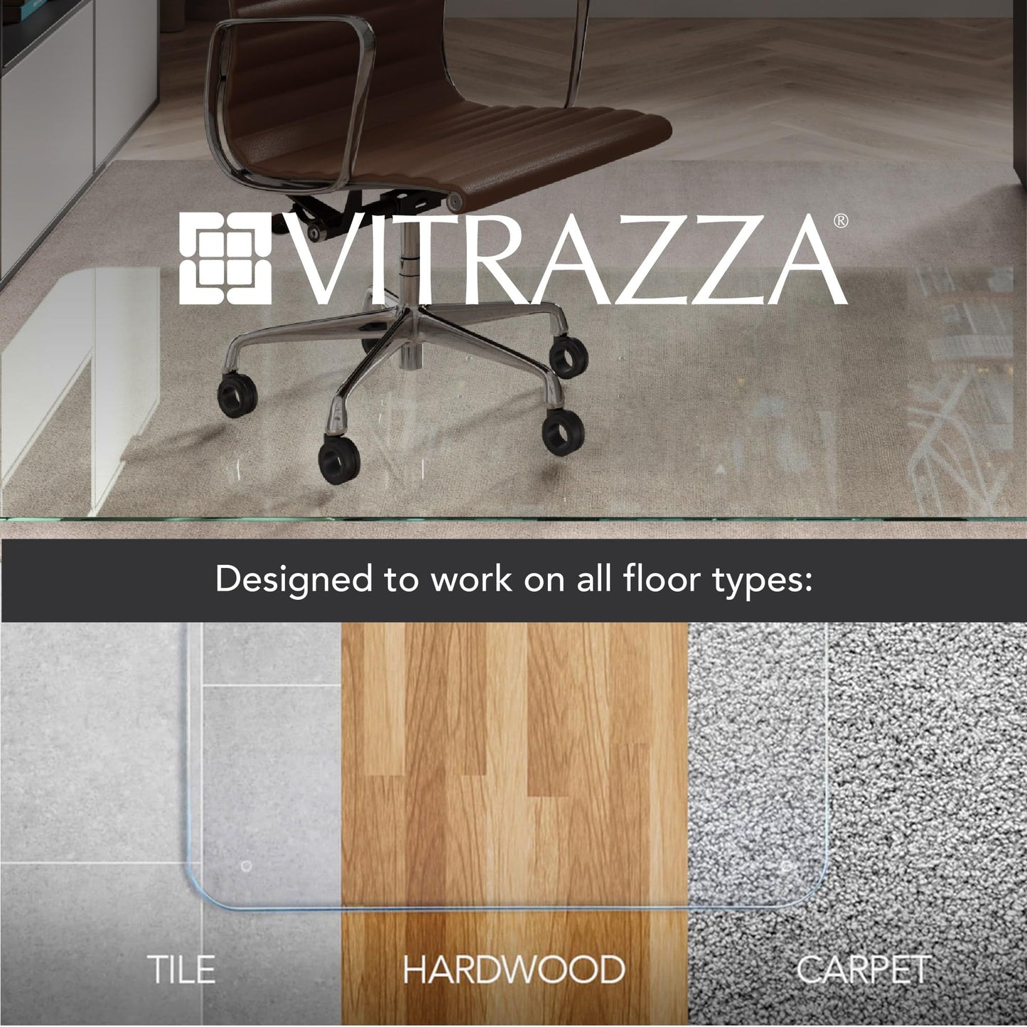 Vitrazza Glass Chair Mat 36” x 42” Superior ¼ Thick, Chiaro Standard Clear, Certified Tempered Safety Glass, Delivers a Smooth Glide, Protects Carpet or Wood, Beautiful in Home or Office