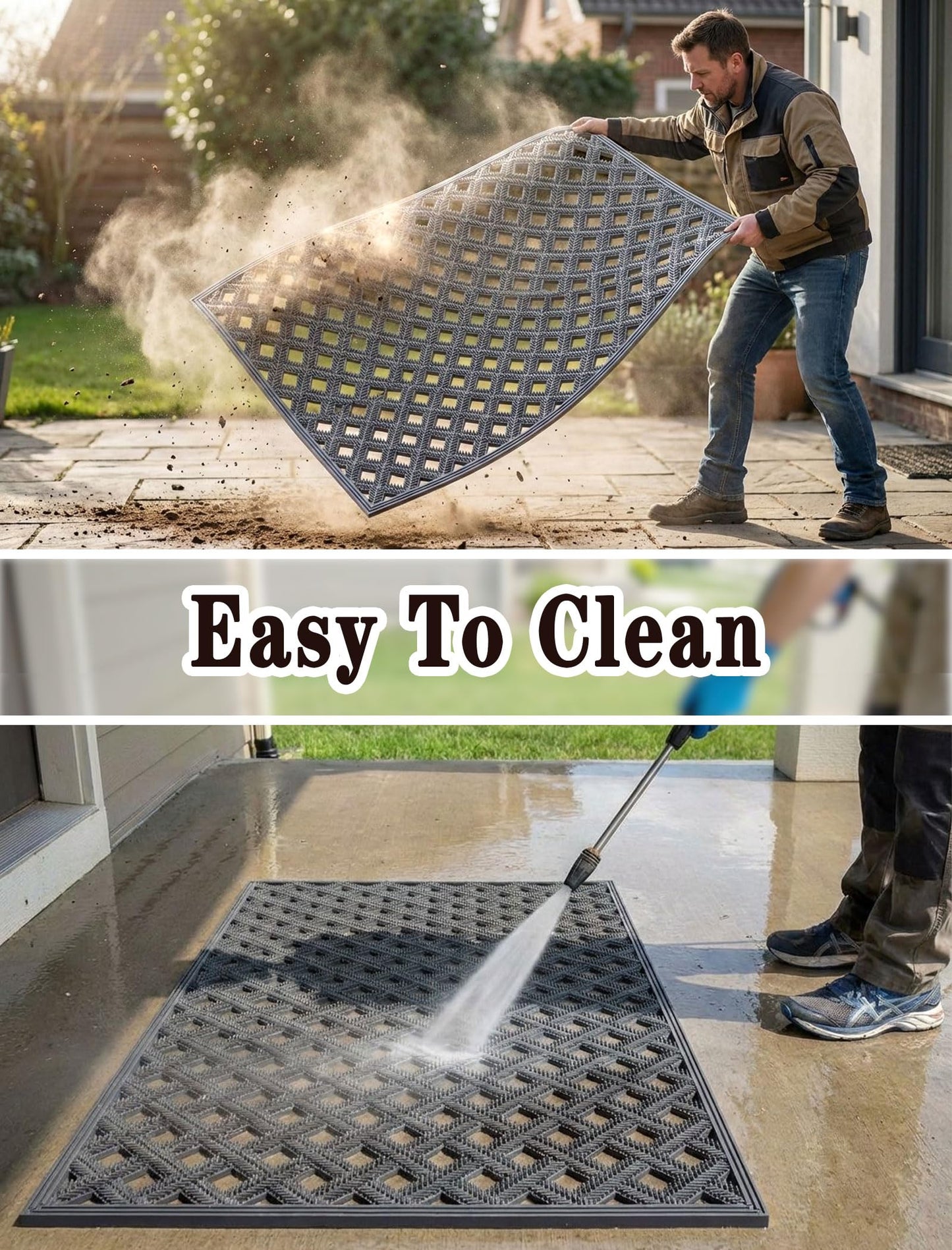 Bulijojo Front Door Mat Entrance with Drainage,24x36 Rubber Heavy Duty Dirt Trapper Waterproof Welcome Mat, All Weather for Front Back Door Patio Entryway Grey