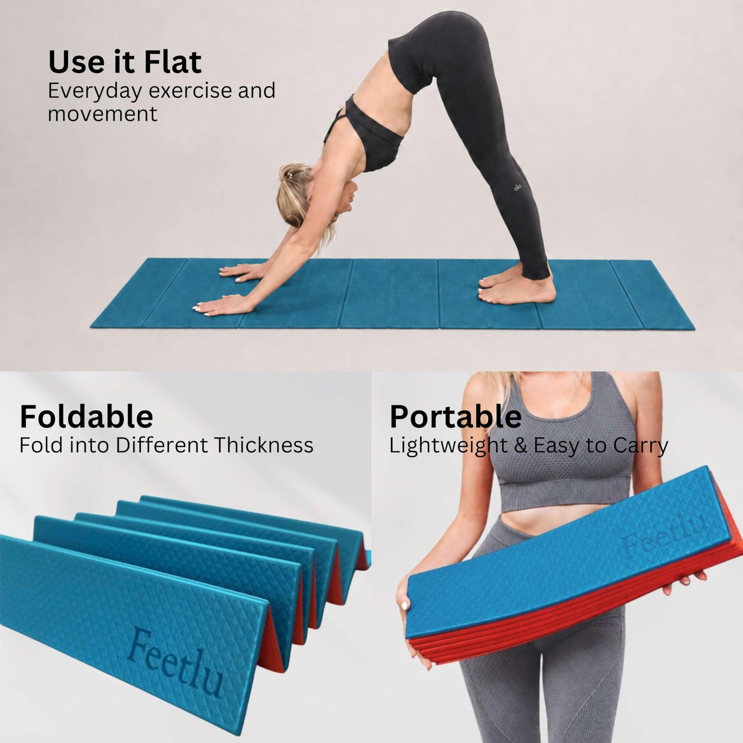 Feetlu Foldable Yoga Exercise Mat, 6mm/8mm/10mm/12mm Thickness, 72 x 24 Inch - Lightweight, Anti-Slip, and Easy to Store for Yoga, Pilates, Home Workouts, and Floor Exercises (Teal/Orange 6mm)