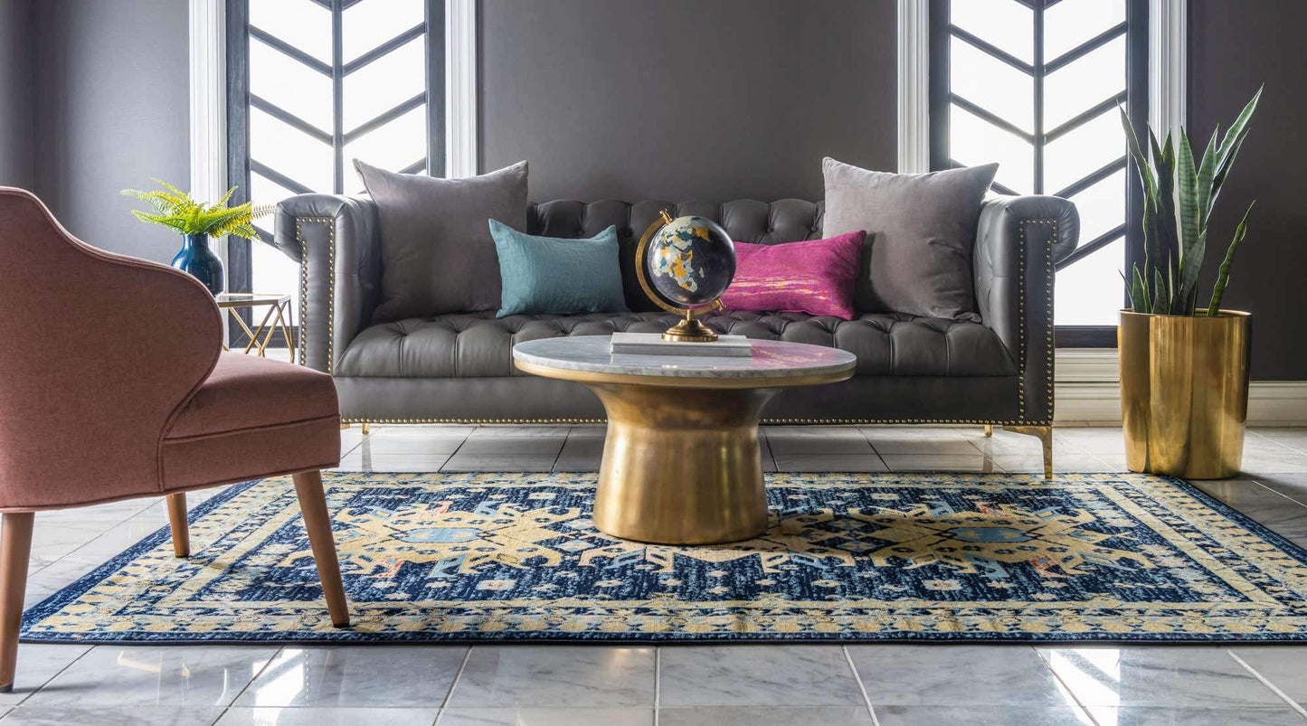 Unique Loom Taftan Collection Border Geometric Tribal Inspired Design Area Rug (8' 0 x 10' 0 Rectangular, Navy Blue/ Gold)