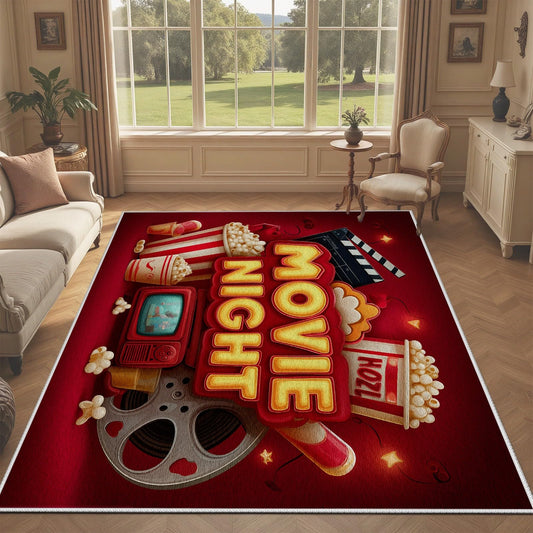 Movie Night Rug, 4x5ft, Vintage Movie Theater Area Rug, Home Theater Popcorn Film Reel Indoor Door Mat, Non Slip Washable Low Pile Soft Carpet for Living Room Bedroom Playing Room