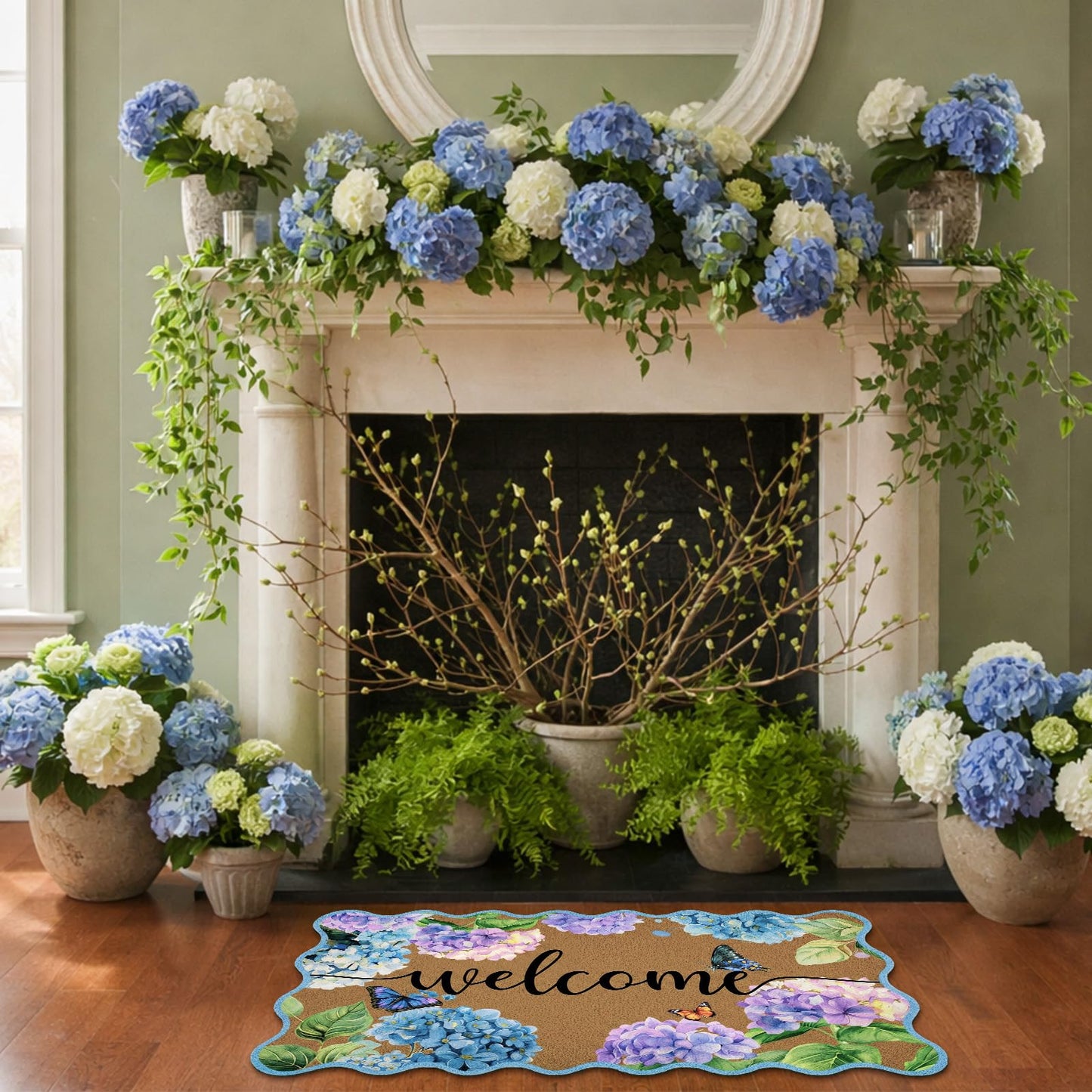 Tinideya Hydrangea Scalloped Doormat Summer Blue Flower Welcome Door Mat 27.6 x 15.7 Inch Artificial Coir Non Slip Cute Butterfly Entrance Rugs for Indoor Outdoor Front Kitchen Bathroom Decor