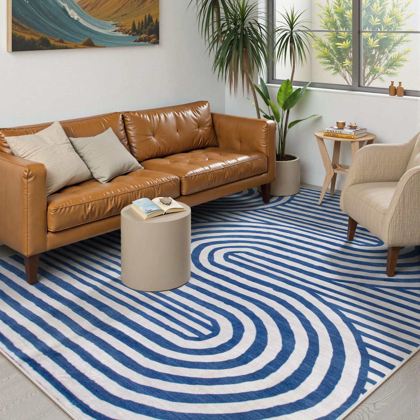 Lahome Modern Washable Area Rugs 5x7, Blue and White Rugs for Bedroom Ultra-Thin Non-Shedding, Abstract Living Room Rugs Stain Resistant Geometric Large Carpet for Kids Office Dorm Alba(5'X7',Blue)