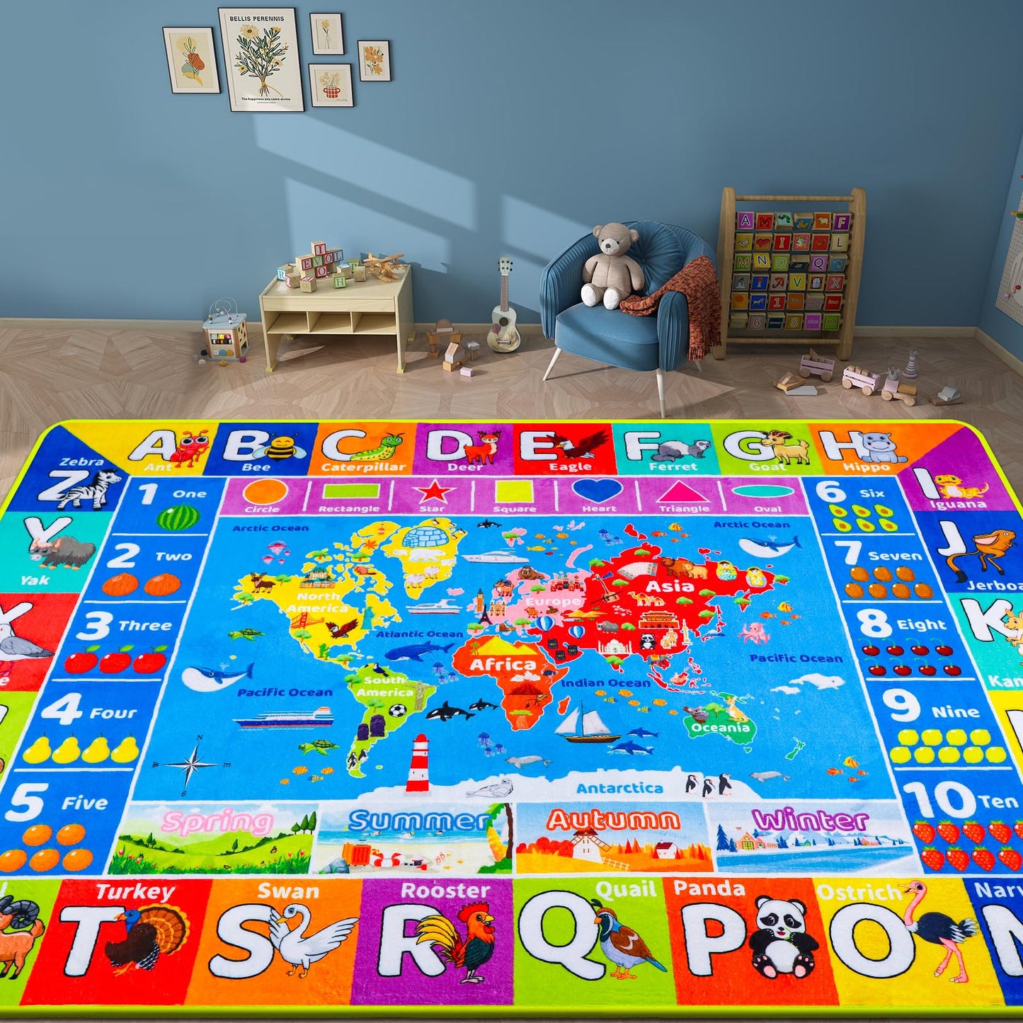 Large Educational Kids Learning Rug with World Map & ABC Alphabet, Interactive Geography Play Carpet for Preschool Classroom Nursery & Homeschool, Non-Slip Activity Rug, 6'7" x 9'2"