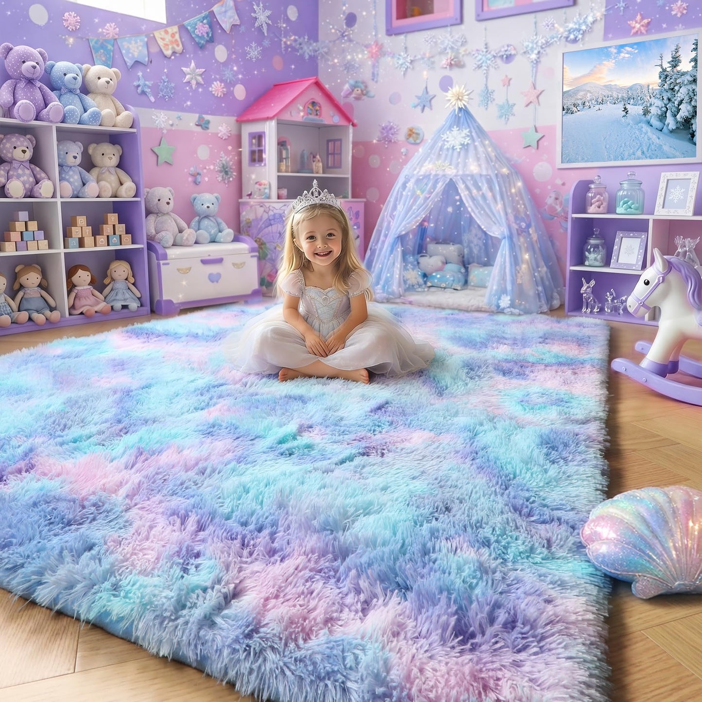 Amdrebio Purple Rainbow Rugs for Bedroom Girls Room Decor, Soft Fluffy Cute Area Rug 4x6 for Kids Room Playroom Nursery Dorm, Mermaid Stitch Frozen Fuzzy Carpet, Plush Kawaii Furry Baby Toddler Rug