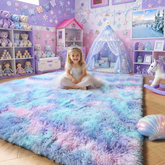 Amdrebio Purple Rainbow Rugs for Bedroom Girls Room Decor, Soft Fluffy Cute Area Rug 4x6 for Kids Room Playroom Nursery Dorm, Mermaid Stitch Frozen Fuzzy Carpet, Plush Kawaii Furry Baby Toddler Rug