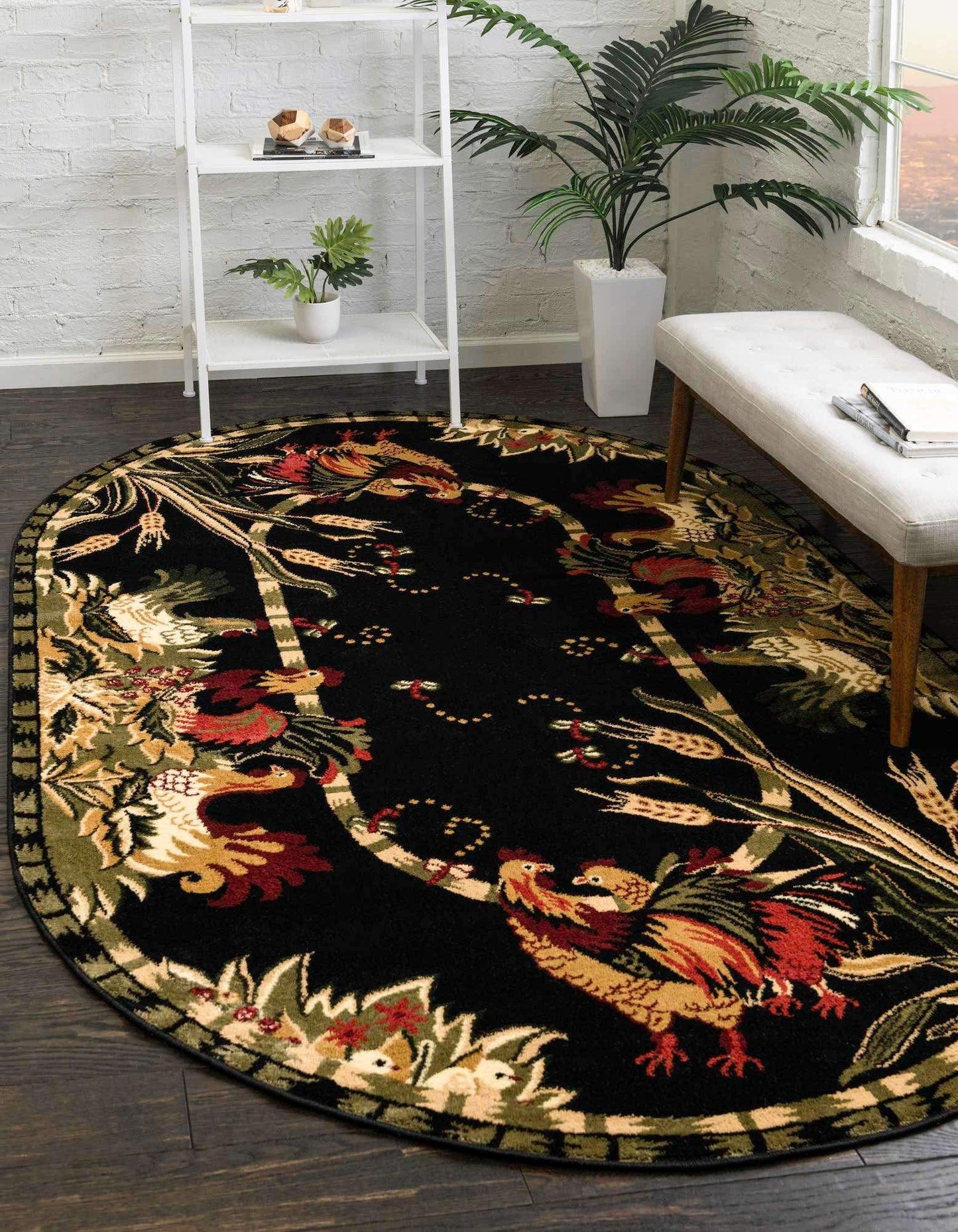 Unique Loom Barnyard Collection Area Rug - Farm (3' 3" x 5' 3" Oval, Black/ Cream)